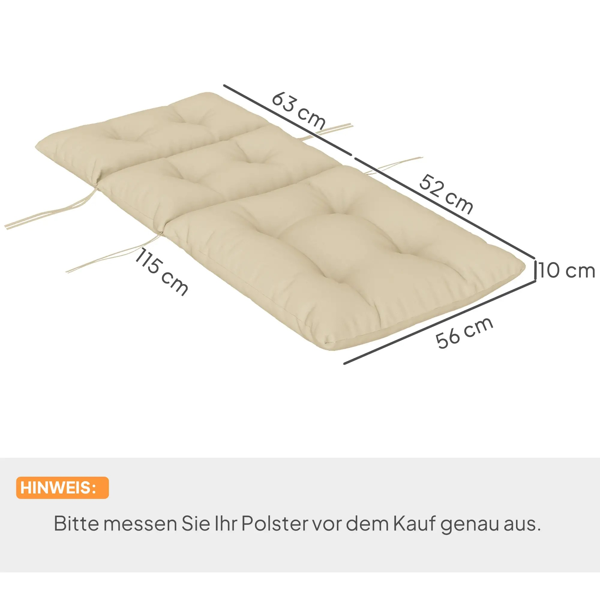 Beiges Kissen mit Abmessungen. Text 'Hinweis' warnt vor genauer Messung.
