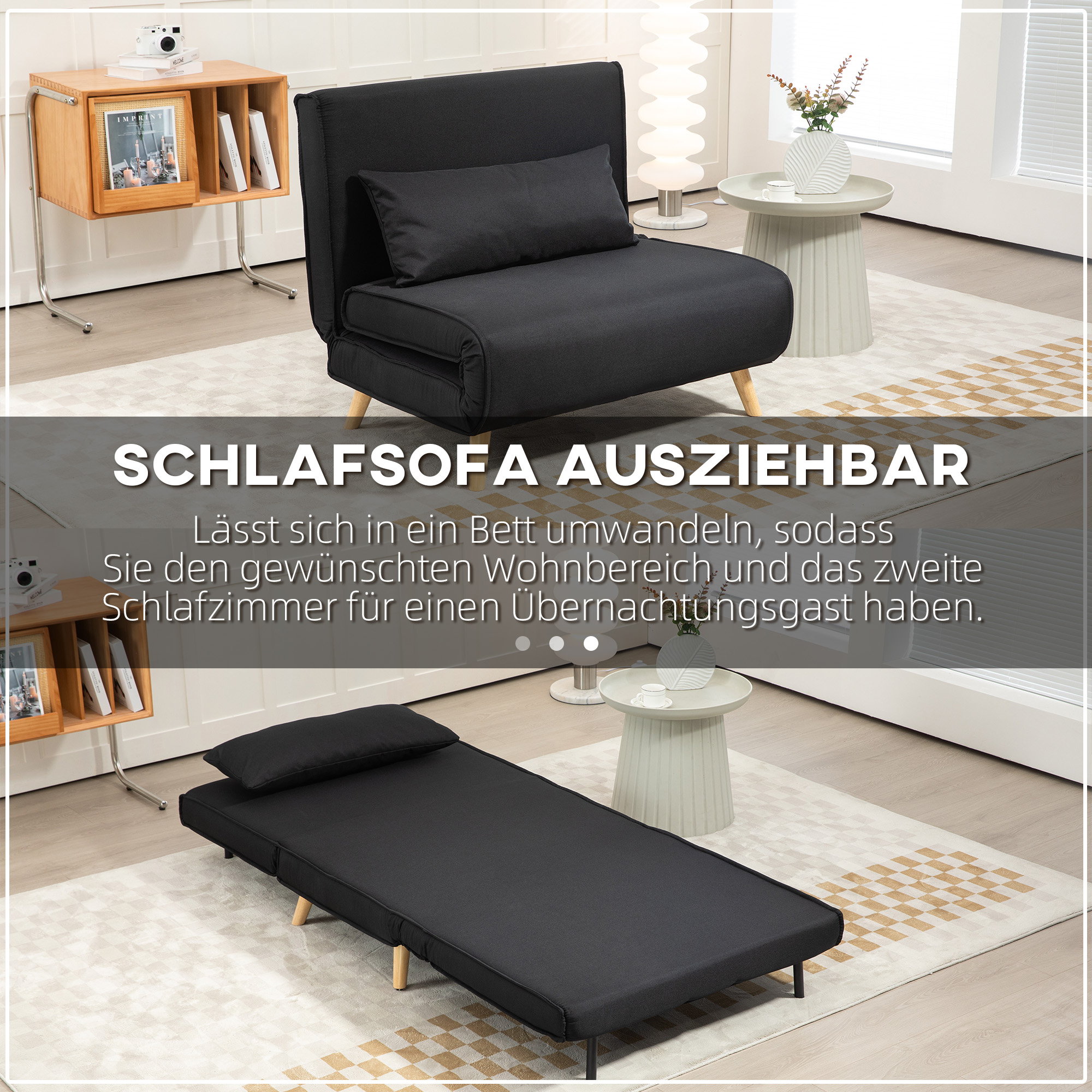 Ein schwarzes Schlafsofa, offen, mit einem Kissen. Textüberlagerung auf Deutsch.