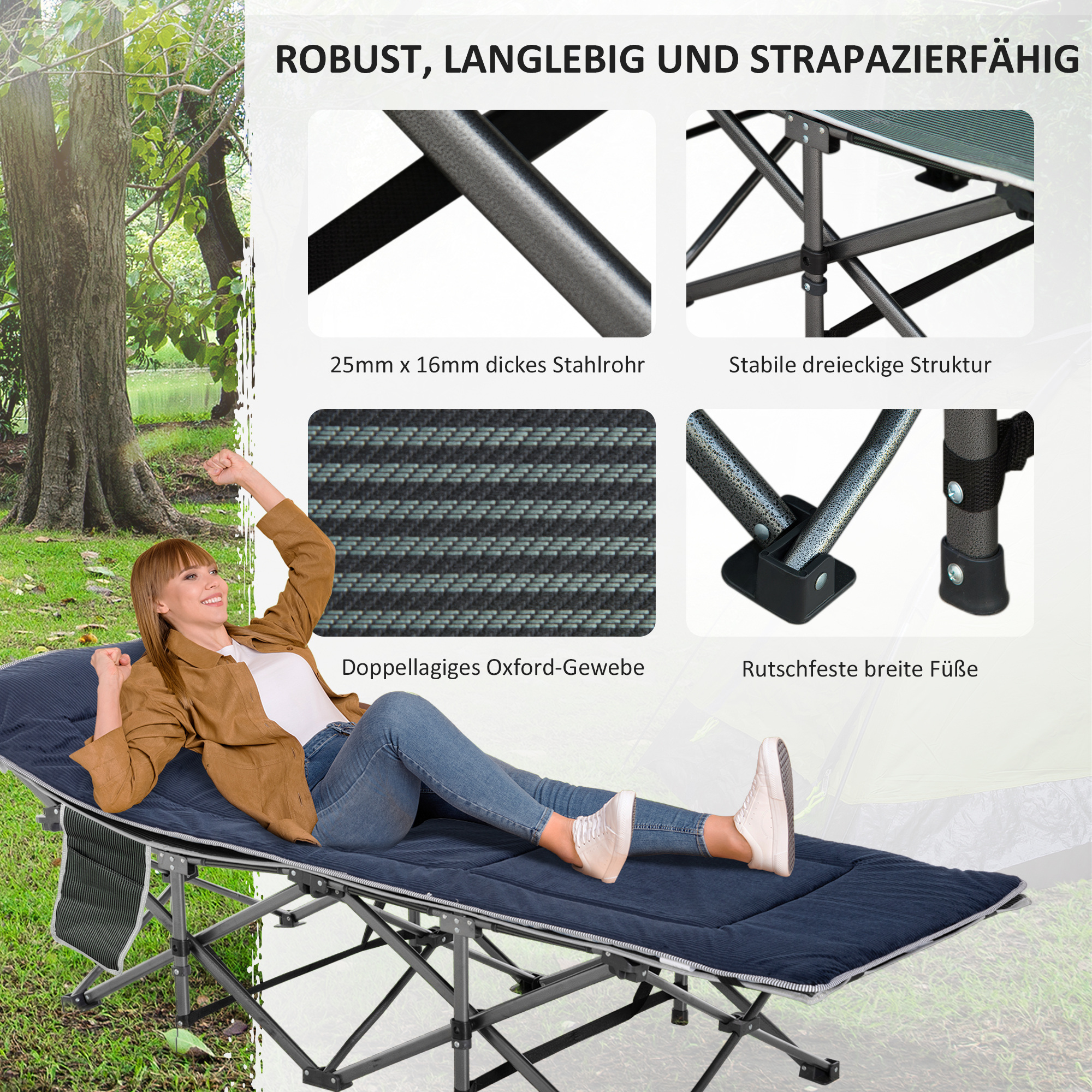 Eine Frau ruht sich auf einer Campingliege aus. Die Liege steht neben Bäumen und einem Zelt.
