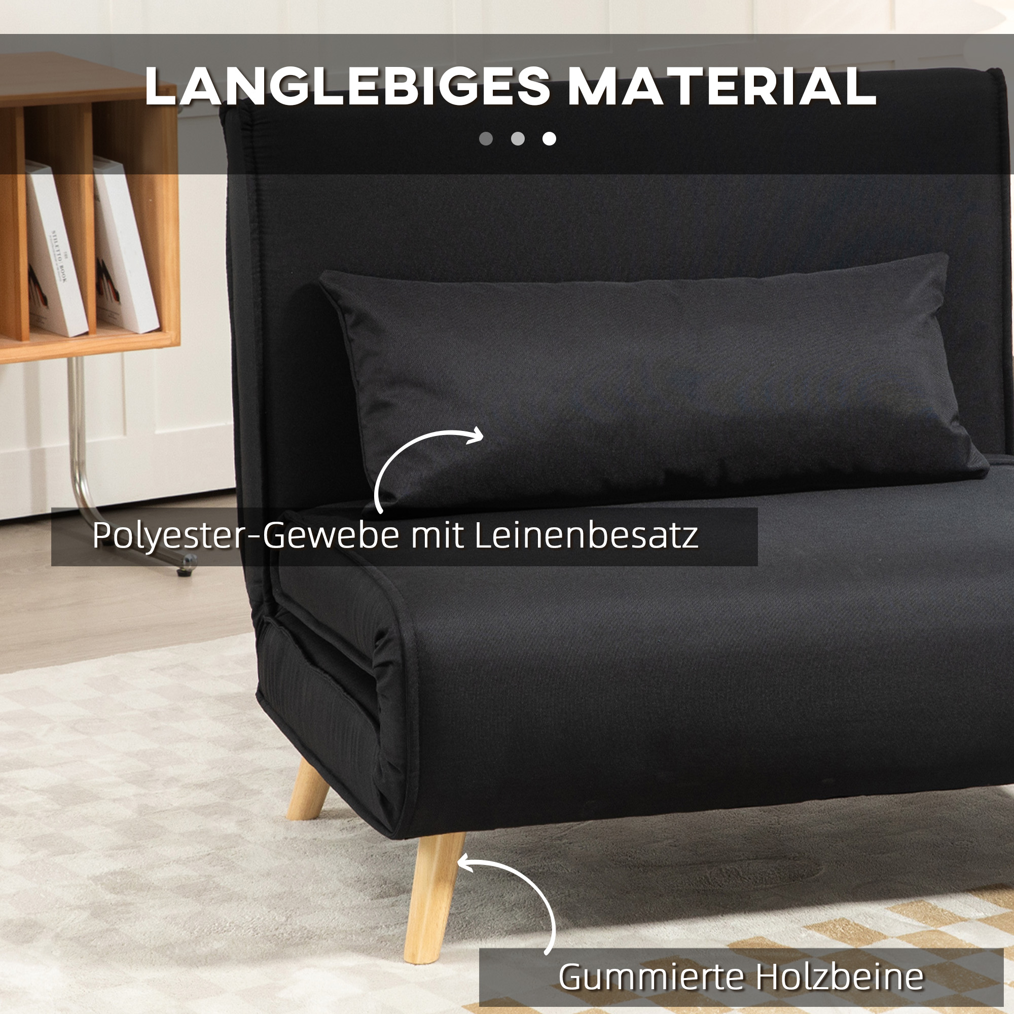 Ein schwarzes Schlafsofa mit Holzbeinen und einem Kissen. Textüberlagerung auf Deutsch.