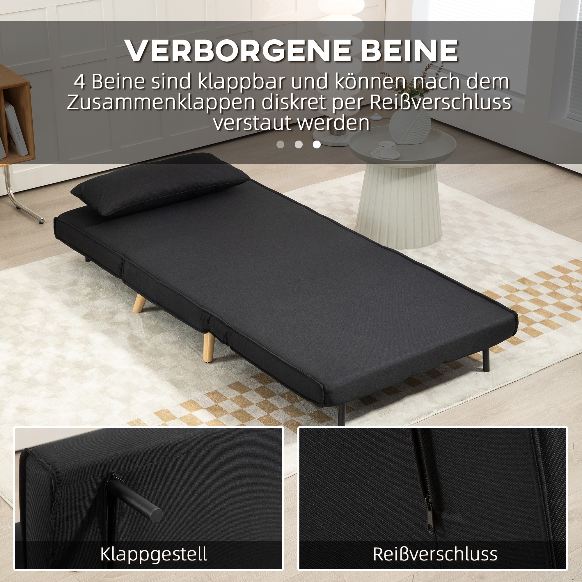 Ein schwarzes Schlafsofa ist geöffnet. Das Bild zeigt den Klappmechanismus und den Reißverschluss.