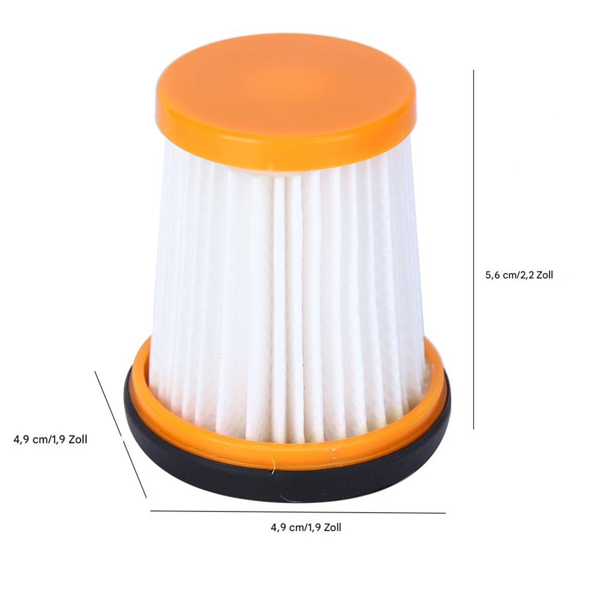 Ein Staubsaugerfilter mit orangefarbenen und schwarzen Zierleisten. Abmessungen sind angegeben.