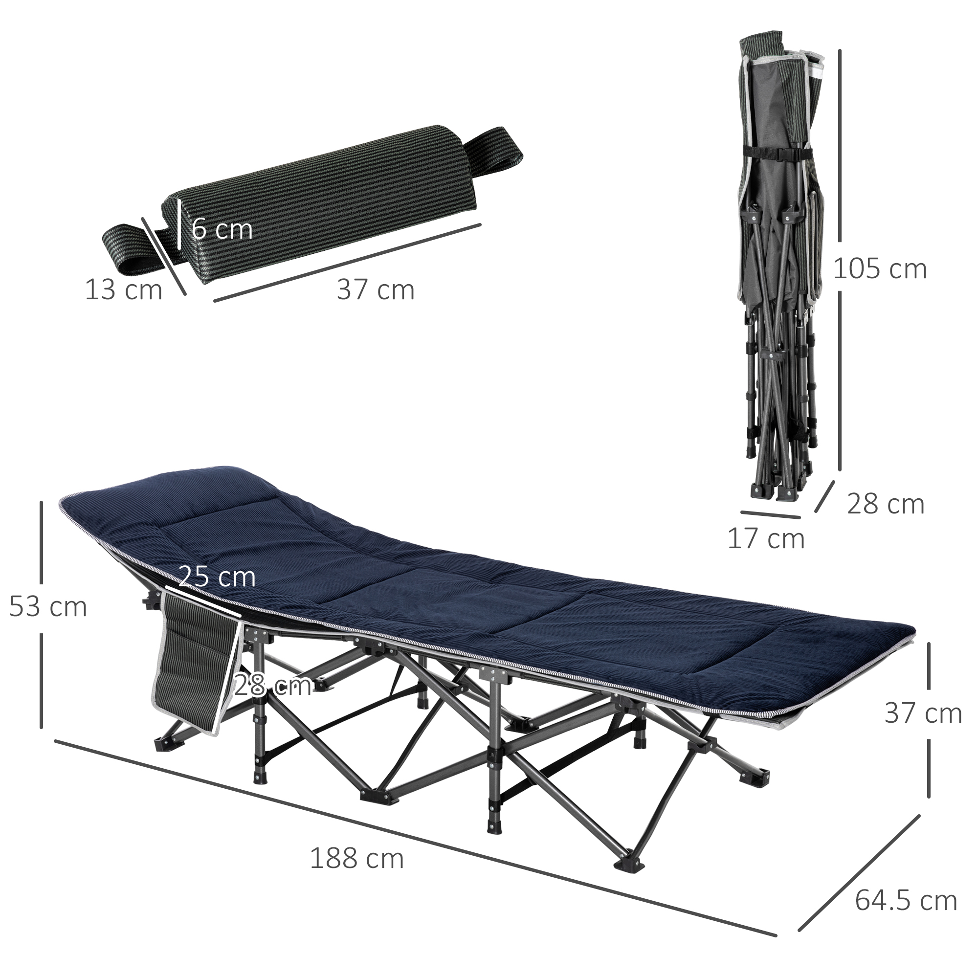 Faltbares Campingbett mit beschrifteten Abmessungen. Das Bett ist dunkelblau, Maße sind angegeben.