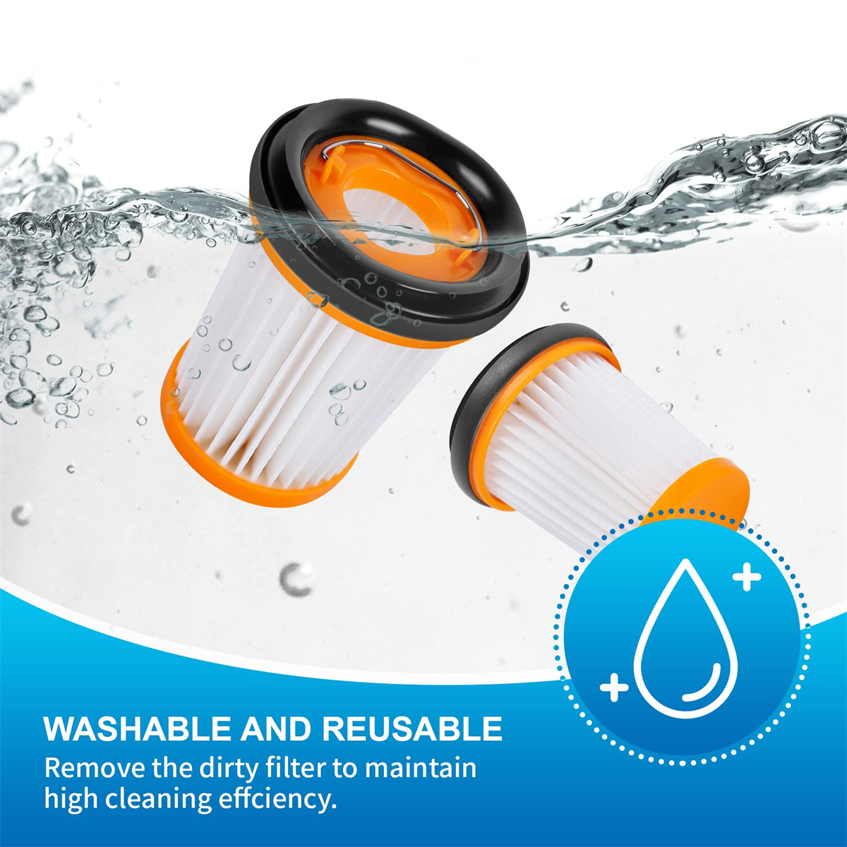 Zwei Staubsaugerfilter mit orangefarbenen und schwarzen Zierleisten. Wassertröpfchen sind sichtbar.