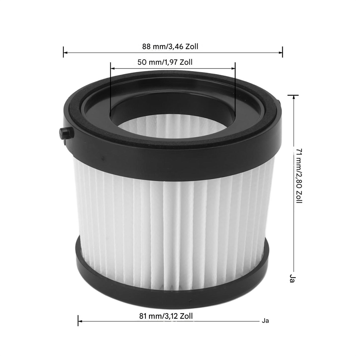 Nahaufnahme des Vakuumfilters. Er ist schwarz und weiß mit beschrifteten Abmessungen.