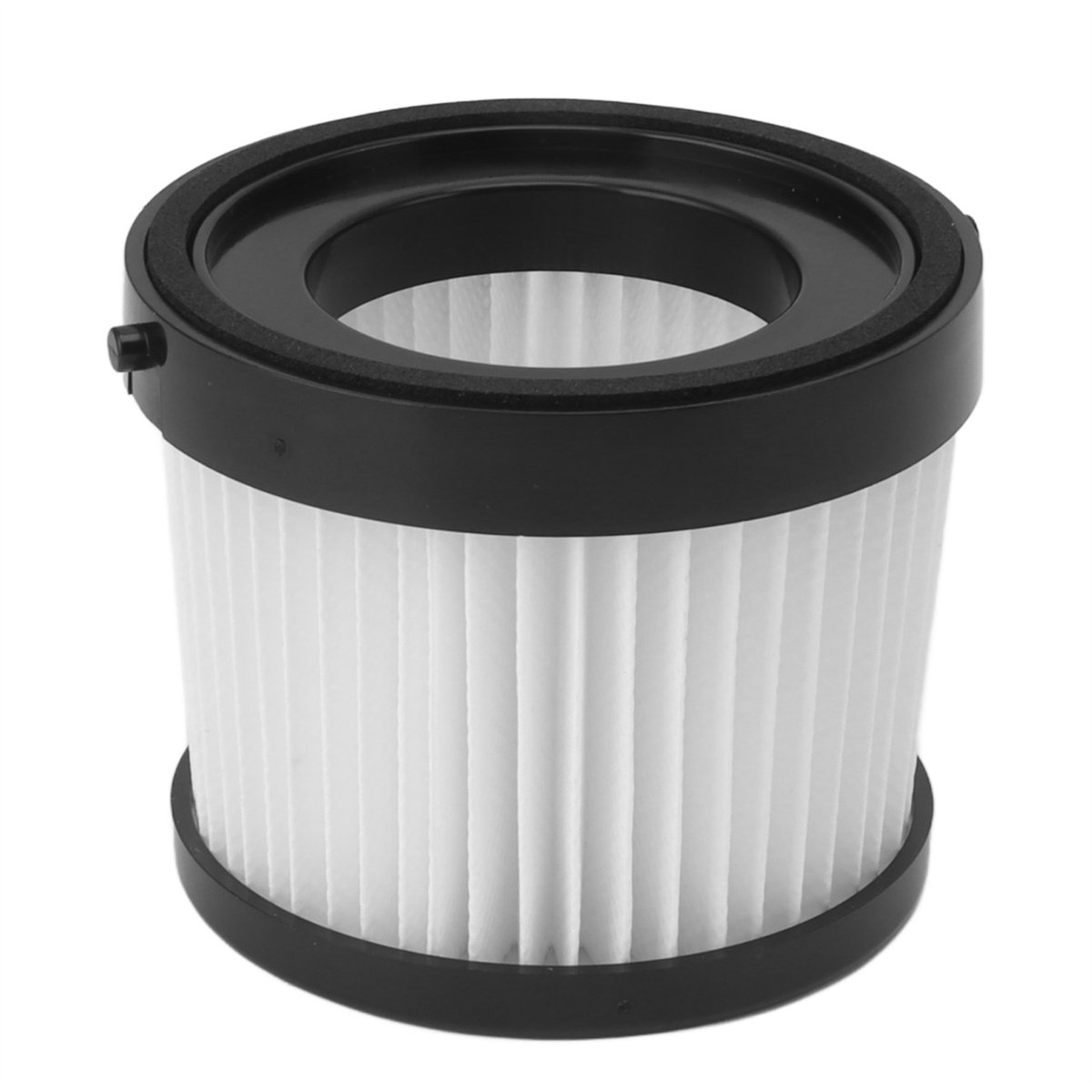 Nahaufnahme eines zylindrischen Staubsaugerfilters. Der Filter ist weiß und plissiert.
