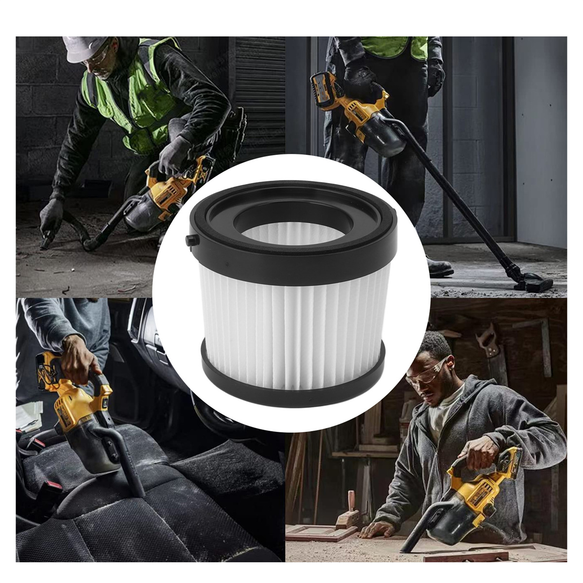 Vakuumfilter, umgeben von Bildern des Staubsaugens. Filter ist schwarz und weiß.
