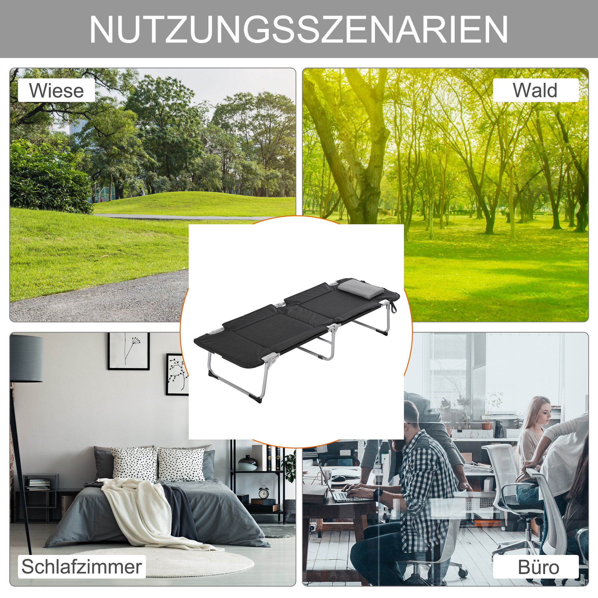 Eine schwarze Campingliege in verschiedenen Umgebungen: Wiese, Wald, Schlafzimmer und Büro.