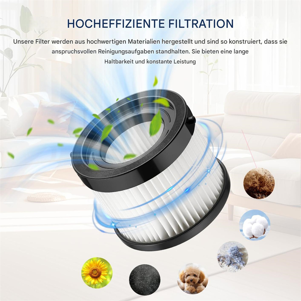 Ein Luftfilter mit schwarzem Rahmen. Es zeigt die Struktur des Filters und seine Filterfähigkeit.