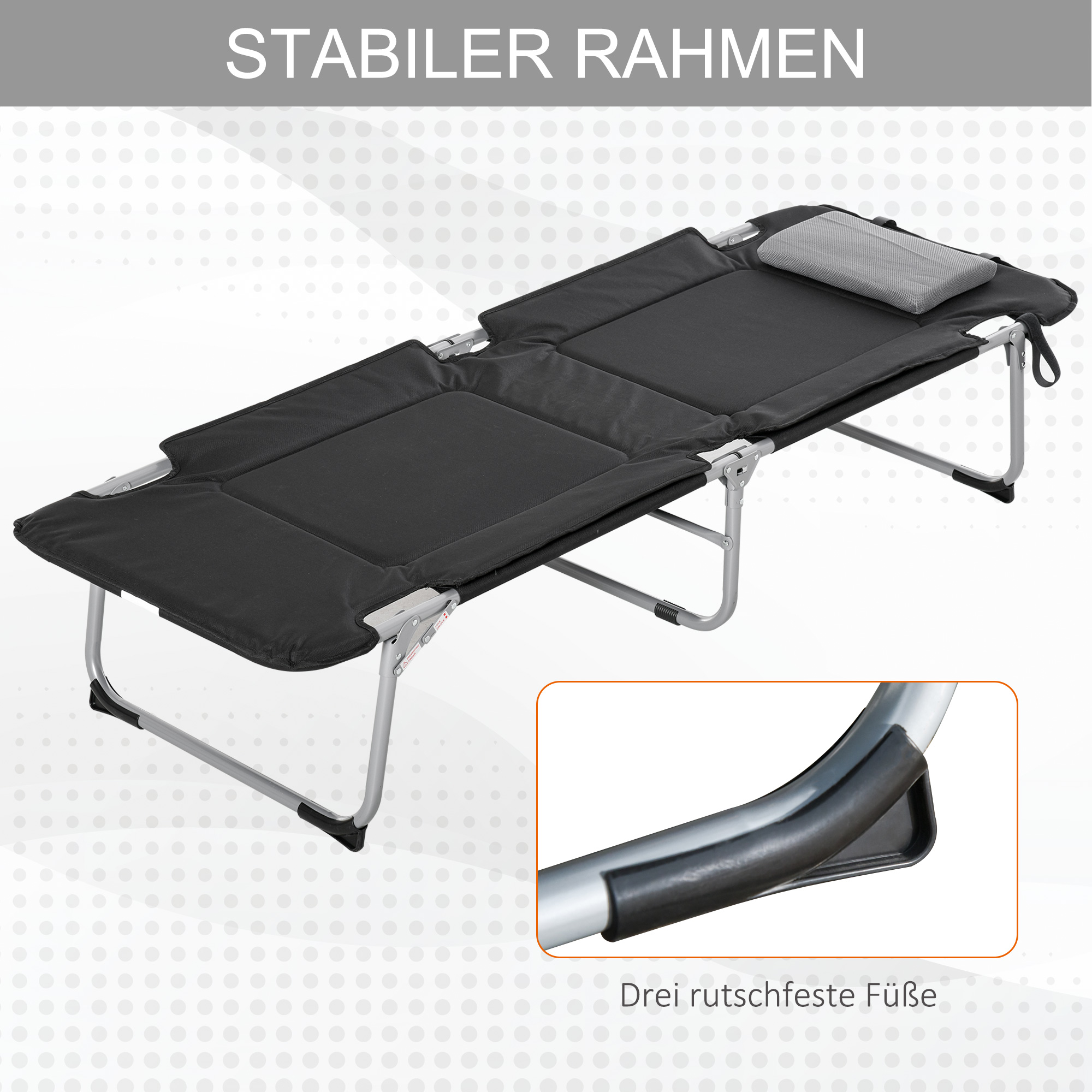 Eine schwarze Campingliege. Das Gestell ist silberfarben. Die Liege hat ein Kissen und rutschfeste Füße.
