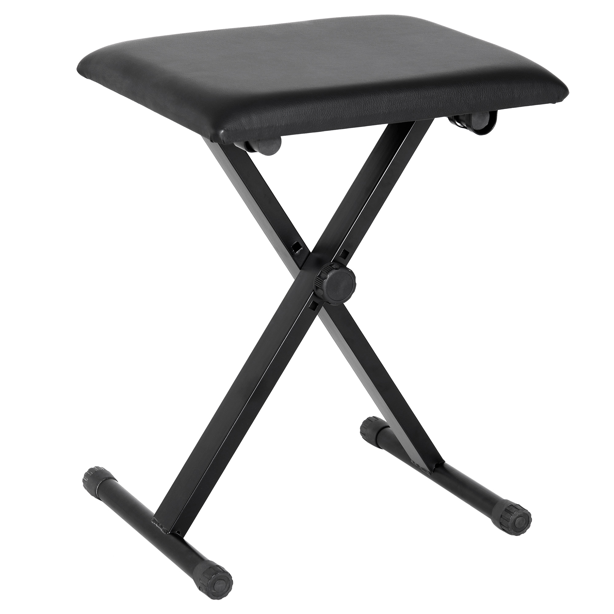Ein schwarzer Klapphocker mit quadratischem schwarzem Sitz vor weißem Hintergrund.