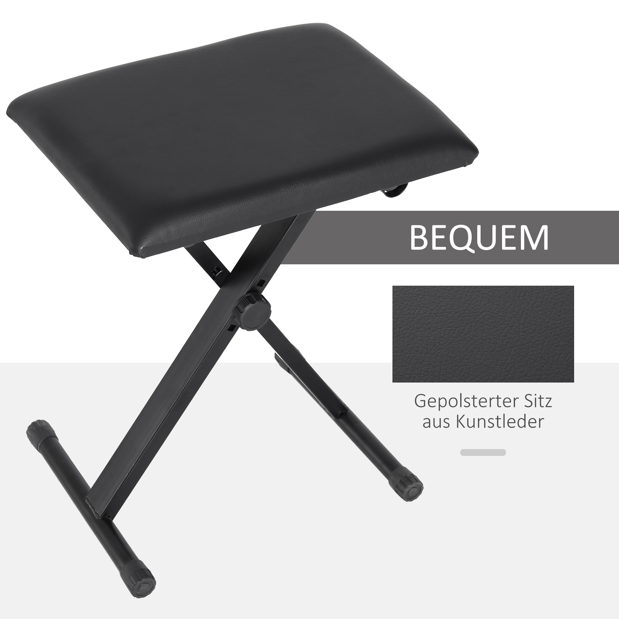 Ein schwarzer Hocker mit schwarzem Sitz und Beinen. Text: 'BEQUEM', 'Gepolsterter Sitz aus Kunstleder'.