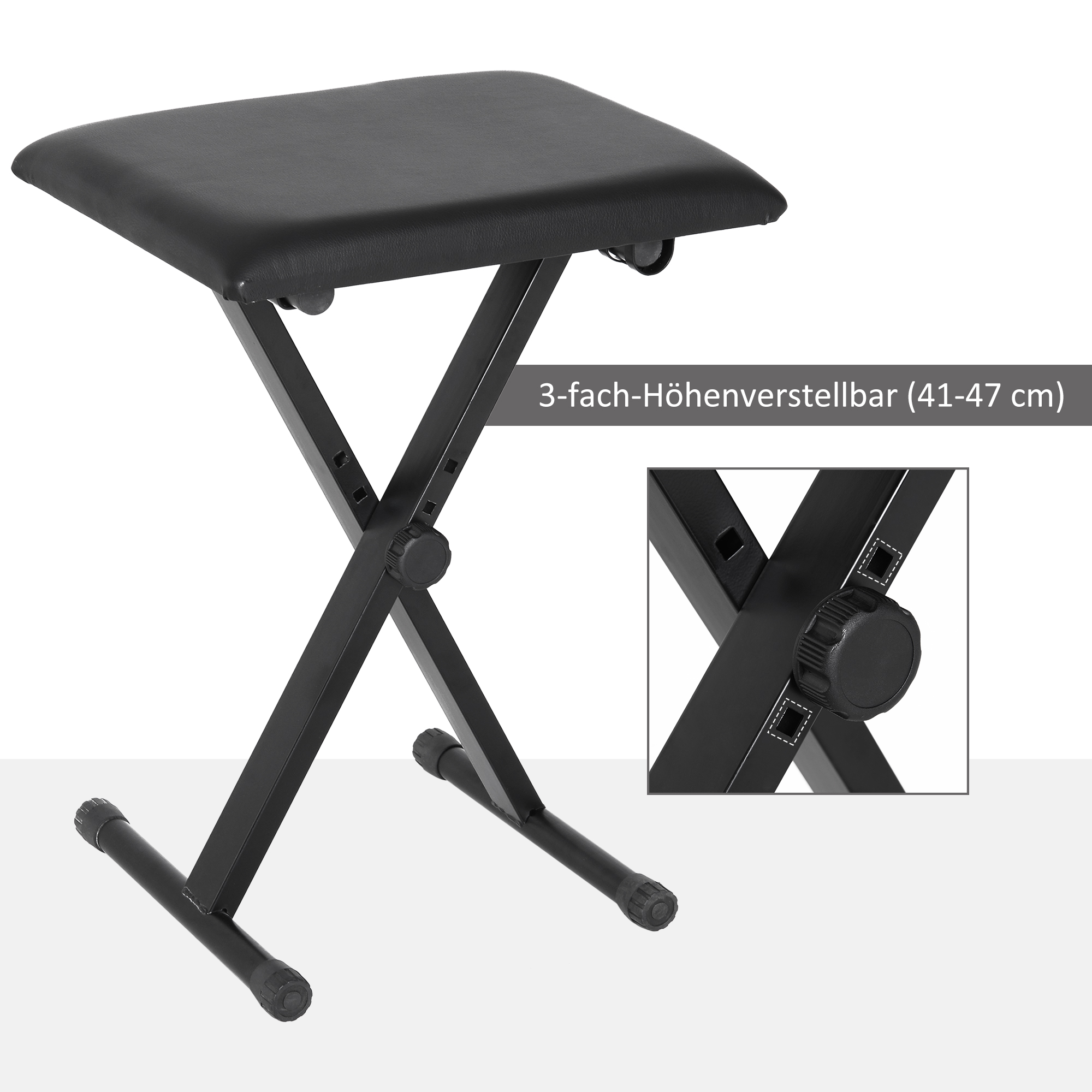 Ein schwarzer Klapphocker mit Höhenverstellung, mit schwarzem Sitz und schwarzen Beinen.