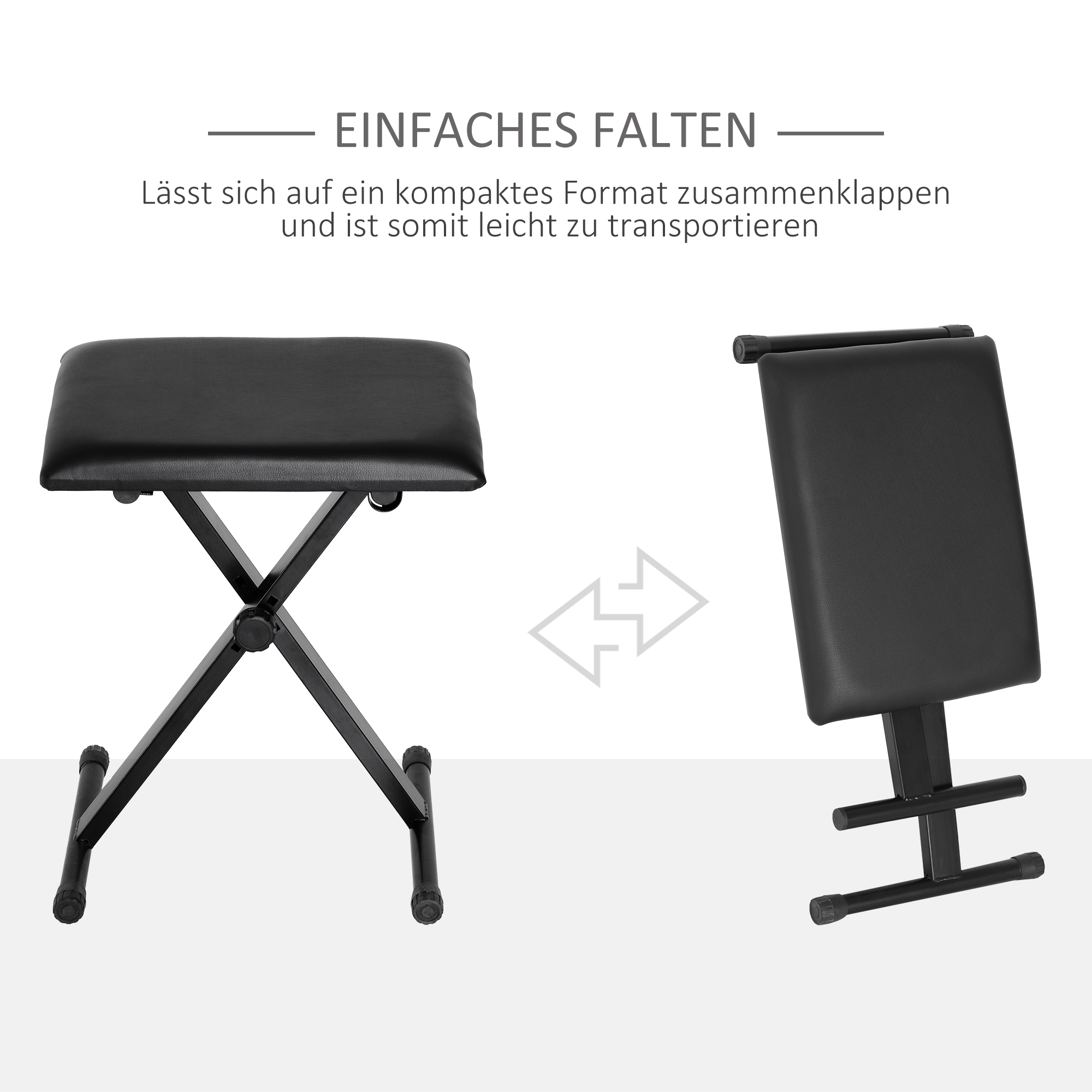Schwarze, zusammenklappbare Klavierbank. Eine entfaltet, eine zusammengeklappt. Weißer Hintergrund.