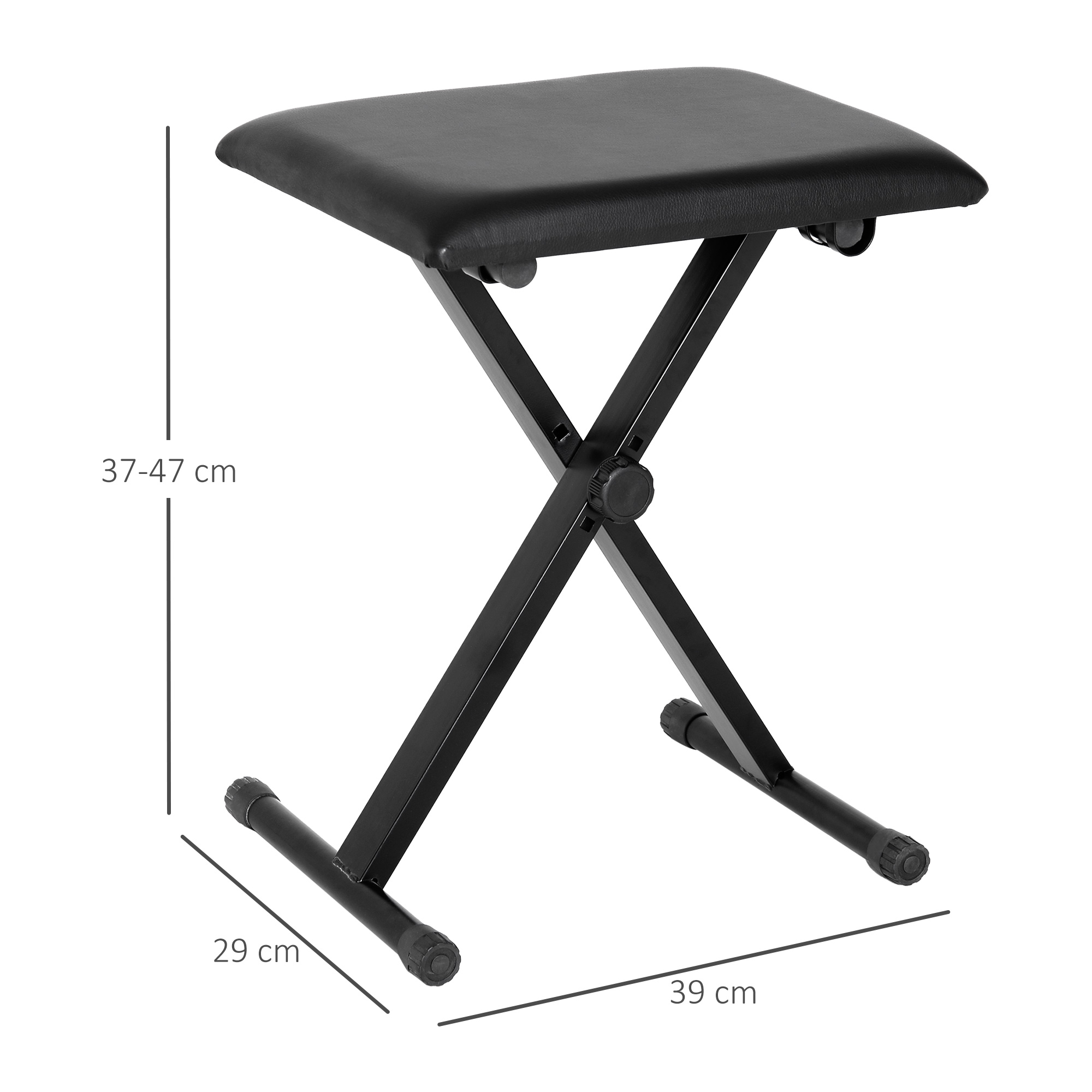 Ein schwarzer Klapphocker mit Abmessungen. Der Hocker hat einen schwarzen Sitz und Beine.