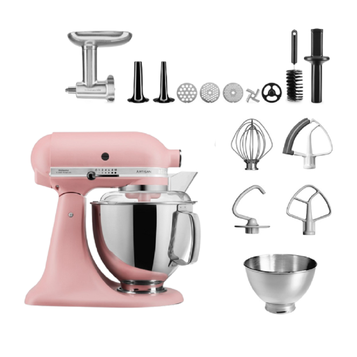Ein rosa KitchenAid Küchenmixer mit verschiedenen Aufsätzen auf weißem Hintergrund.