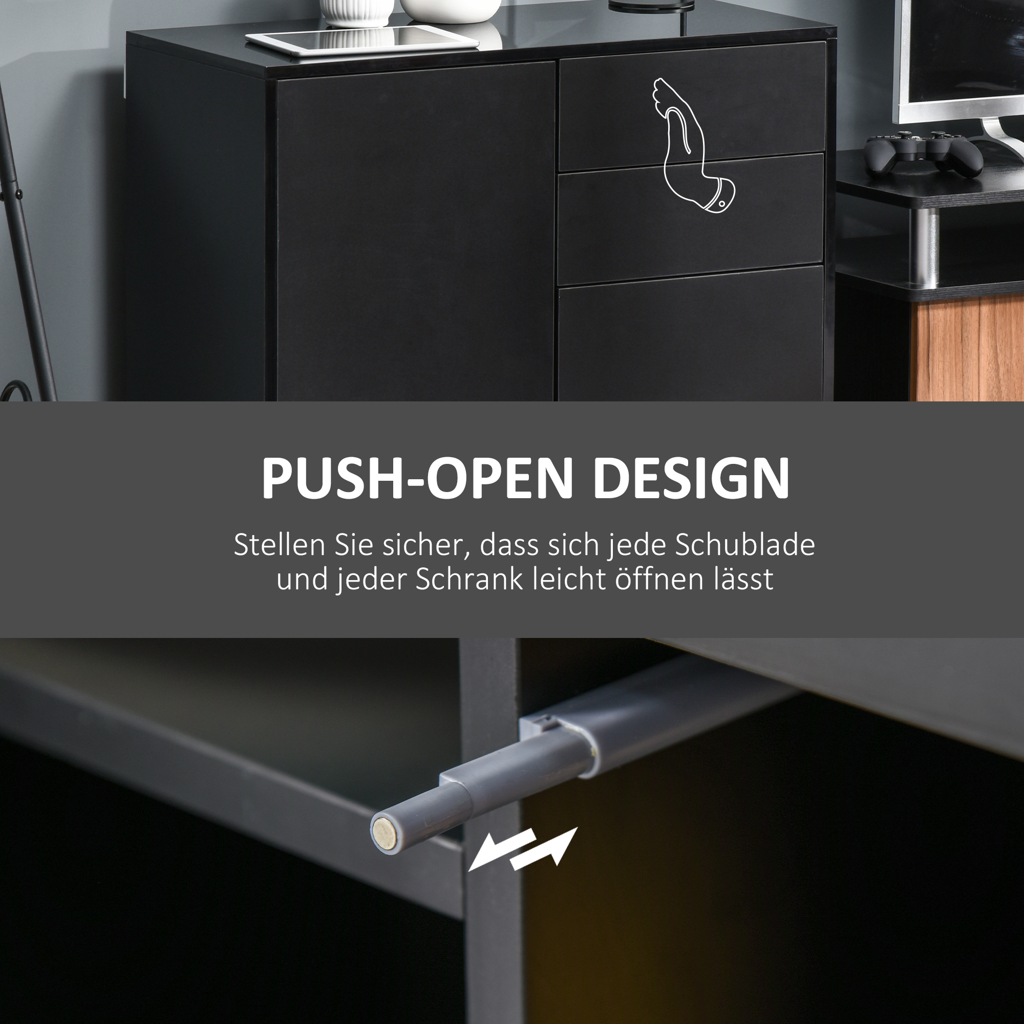Schwarzer Schrank mit Push-Open-Design. Zeigt den Push-Mechanismus. Weißer Hintergrund.