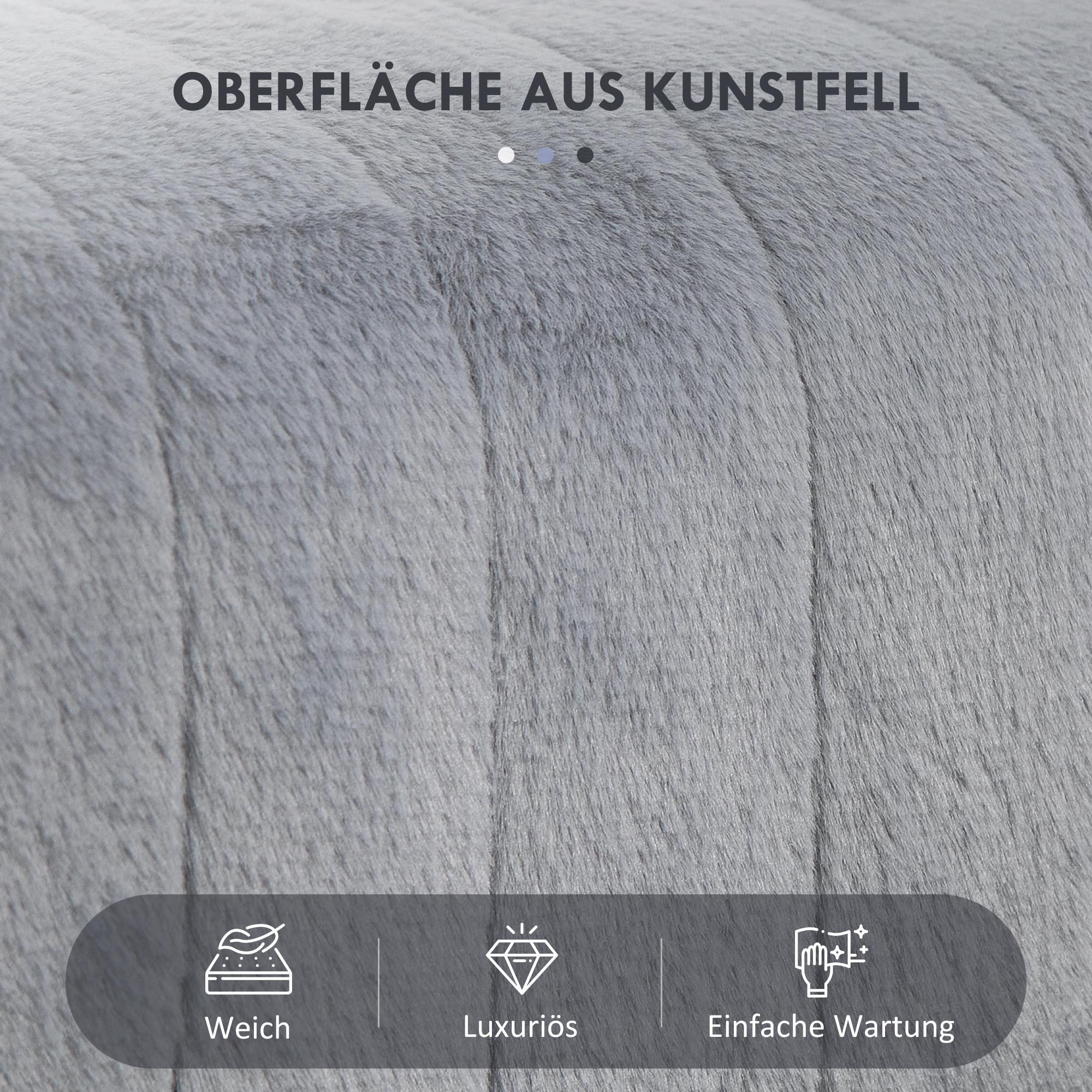 Nahaufnahme eines grauen Kunstpelzmaterials. Der Text lautet: weich, luxuriös, pflegeleicht.