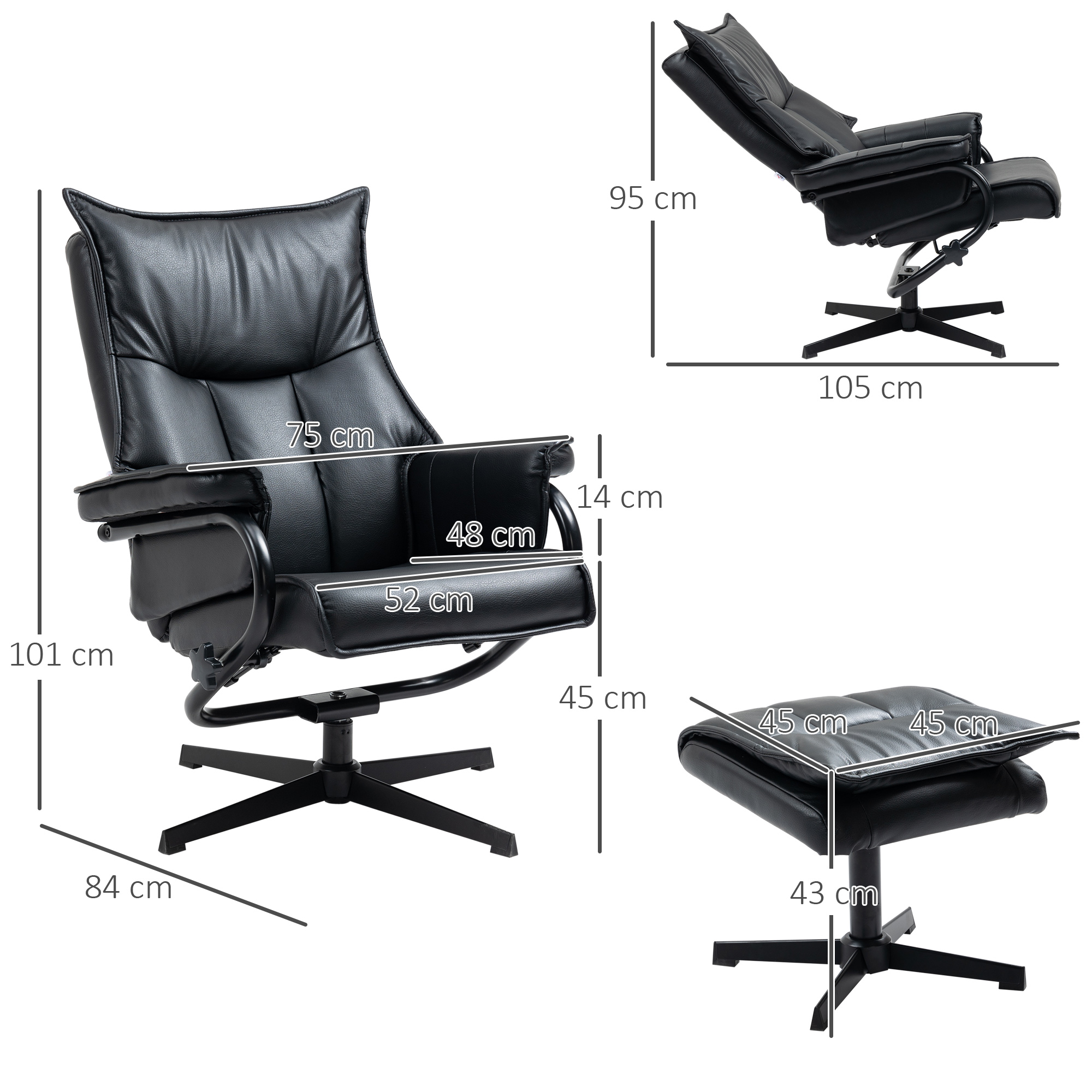 Ein schwarzer Leder-Relaxstuhl und ein Fußhocker. Abmessungen sind angegeben.