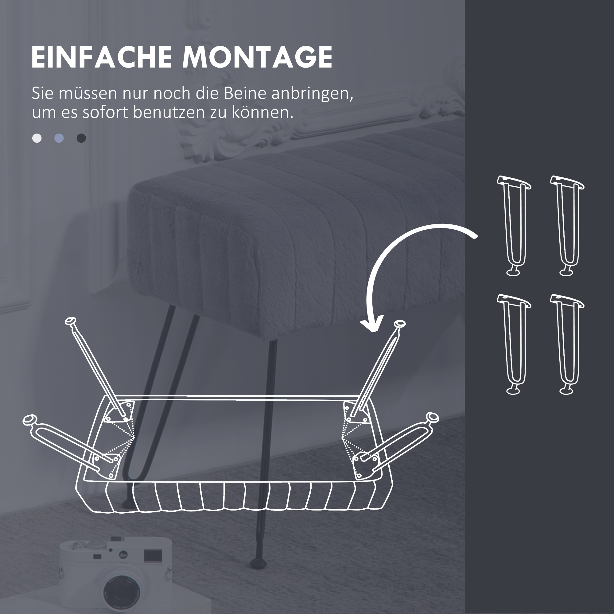 Ein Diagramm zeigt, wie man eine Bank mit Beinen zusammenbaut. Der Text lautet: einfach zu installieren.