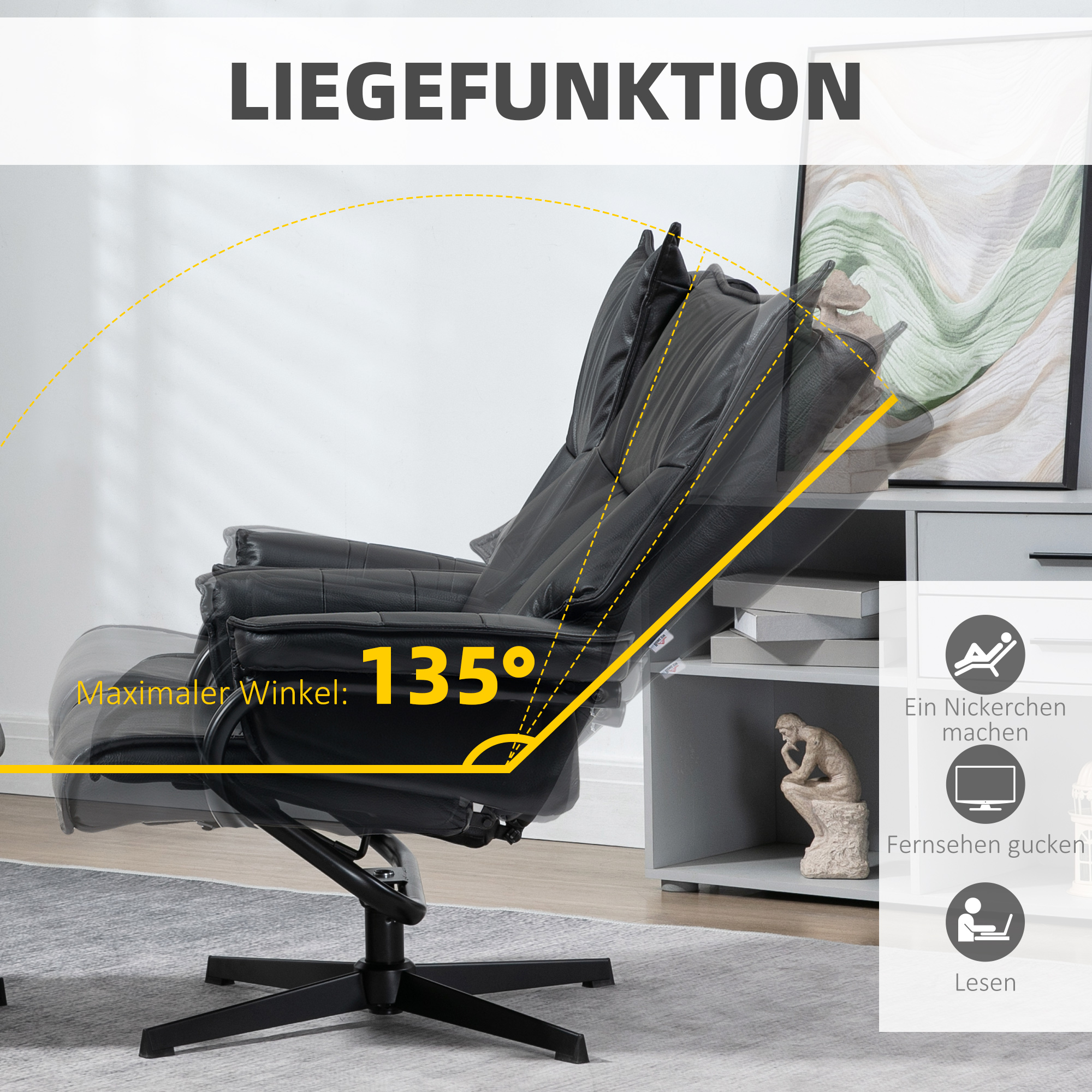 Schwarzer Leder-Relaxstuhl mit 135-Grad-Winkel. Grauer Teppich, weiße Wand.