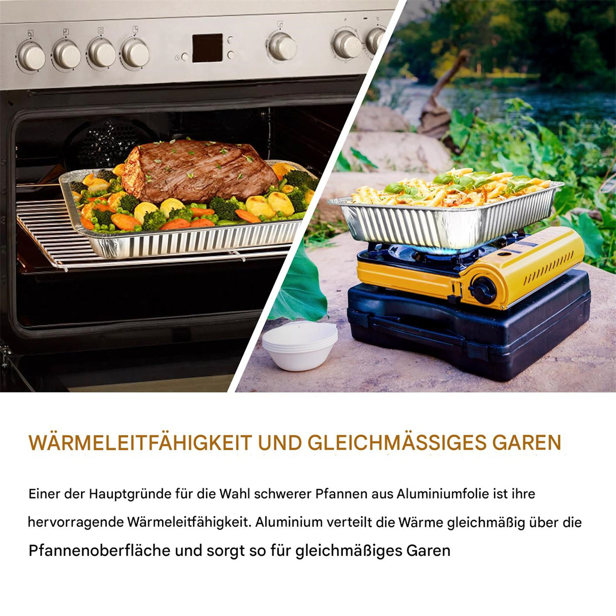 Das Bild zeigt Kochen: Ofen mit Rindfleischbraten und Camping mit kochendem Essen.
