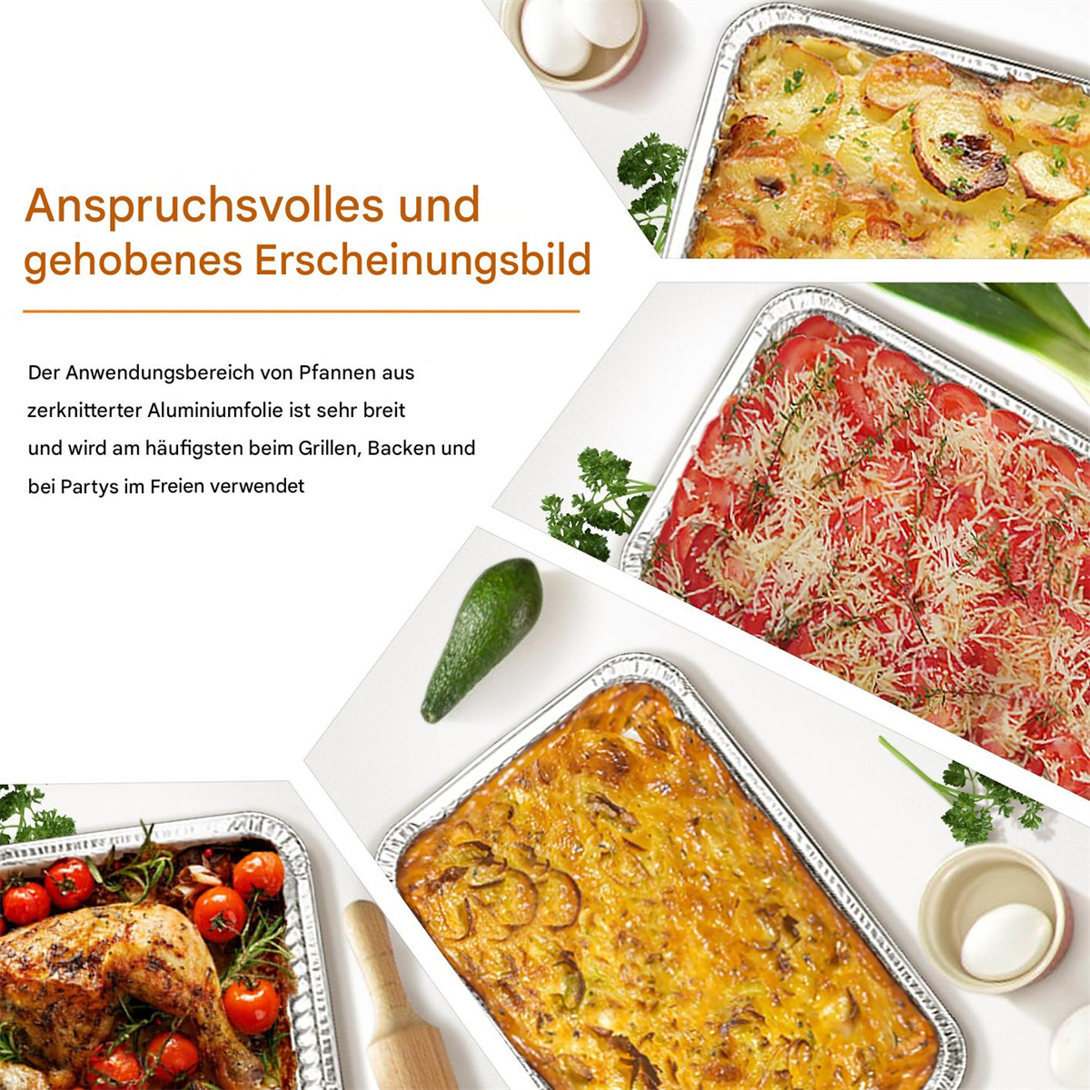 Verschiedene Gerichte in Aluminiumfolienbehältern. Der Text lautet: anspruchsvolles und gehobenes Erscheinungsbild.