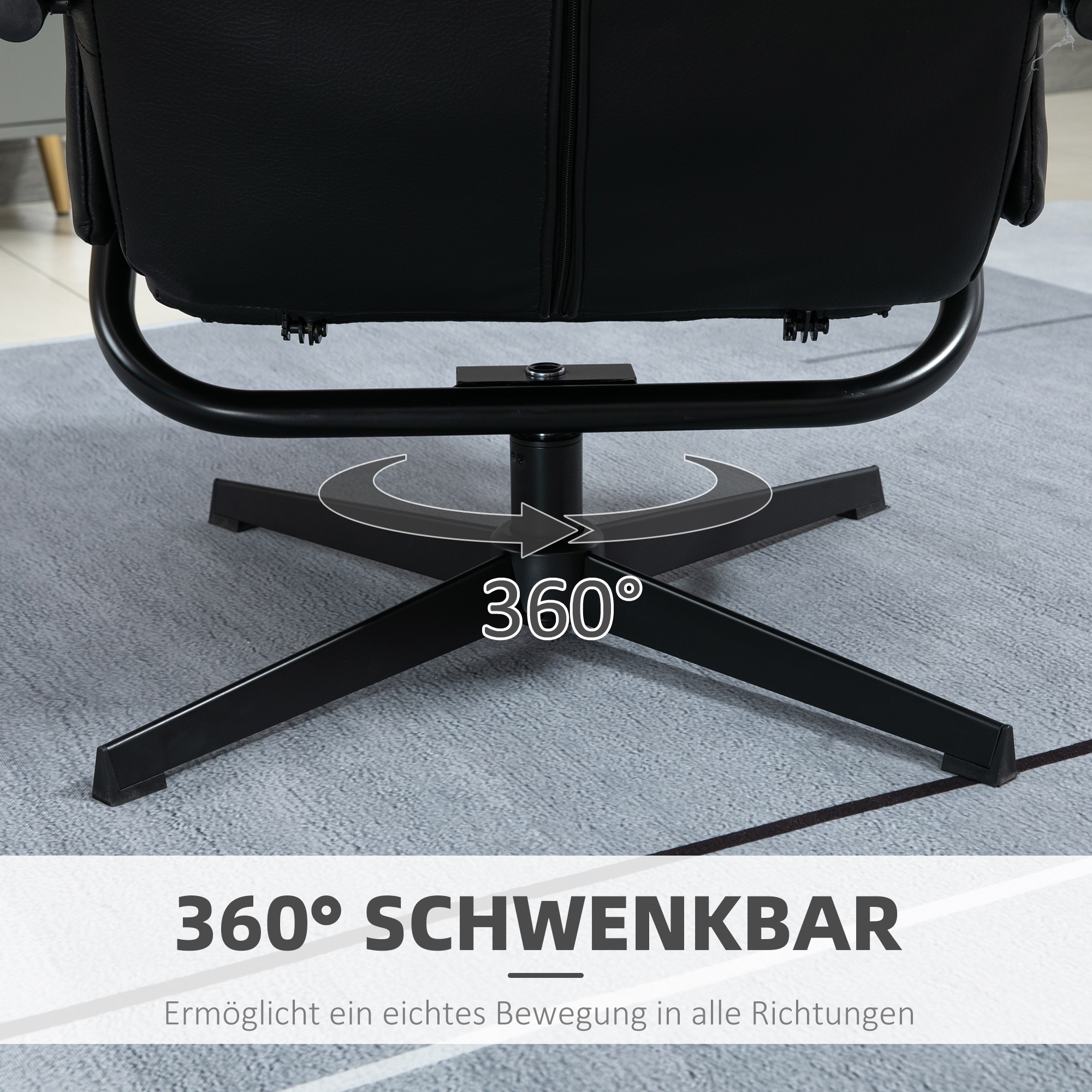 Der schwarze Sockel eines Stuhls mit 360°-Schwenkfunktion. Der Text lautet: 360° schwenkbar.