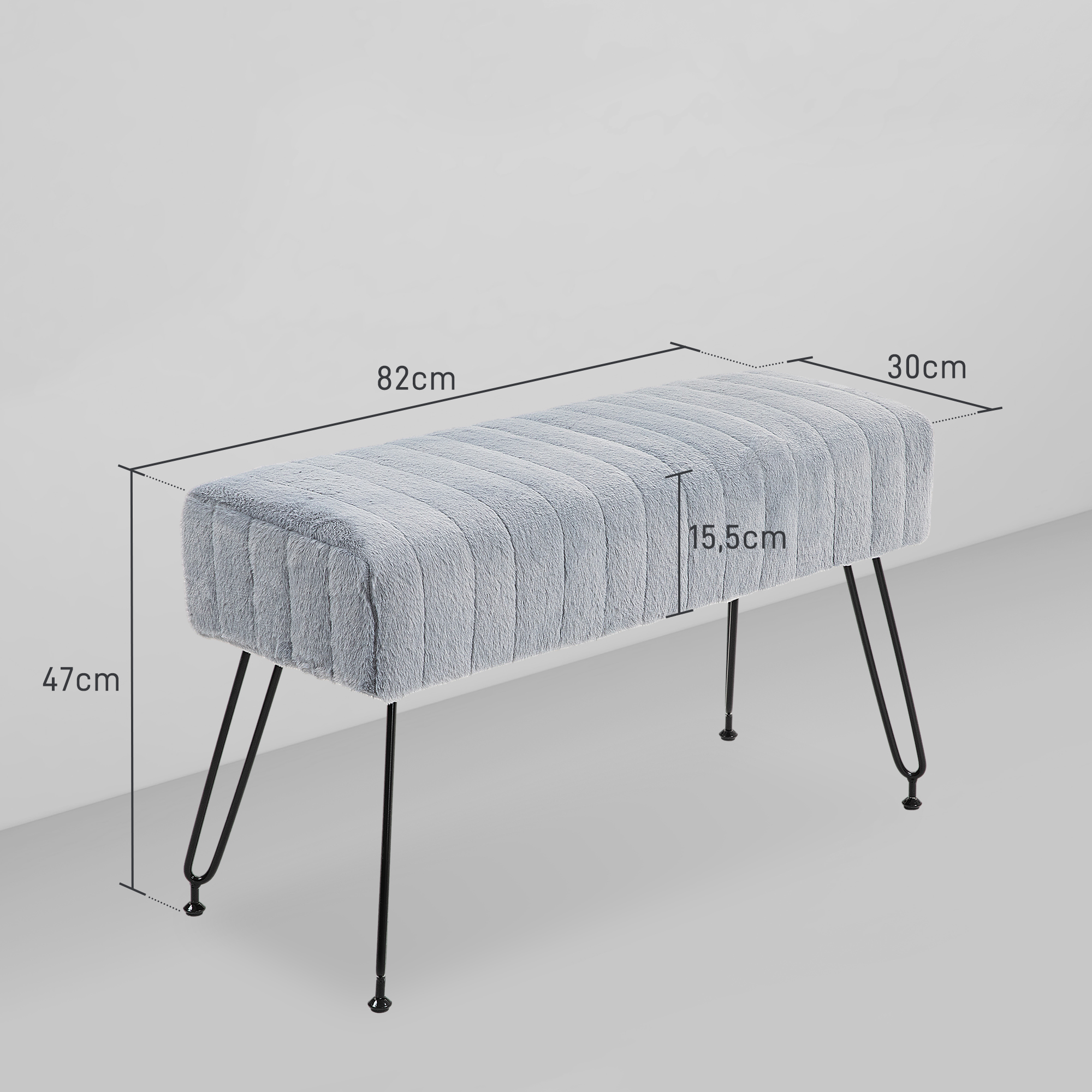 Graue Bank mit schwarzen Beinen; Maße: 82cm lang, 30cm breit, 47cm hoch.