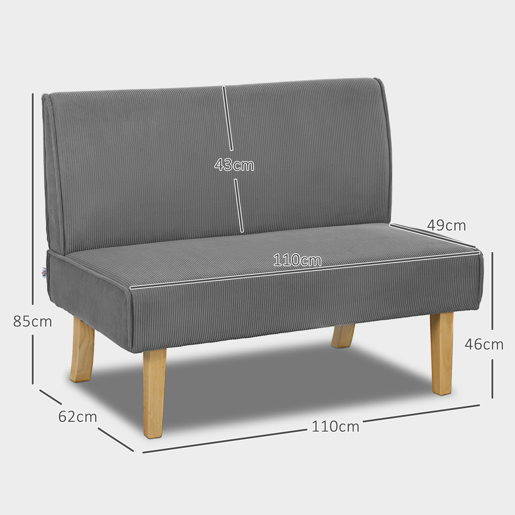 Graues Sofa mit Holzbeinen, Maße: 110cm lang, 49cm breit, 85cm hoch.