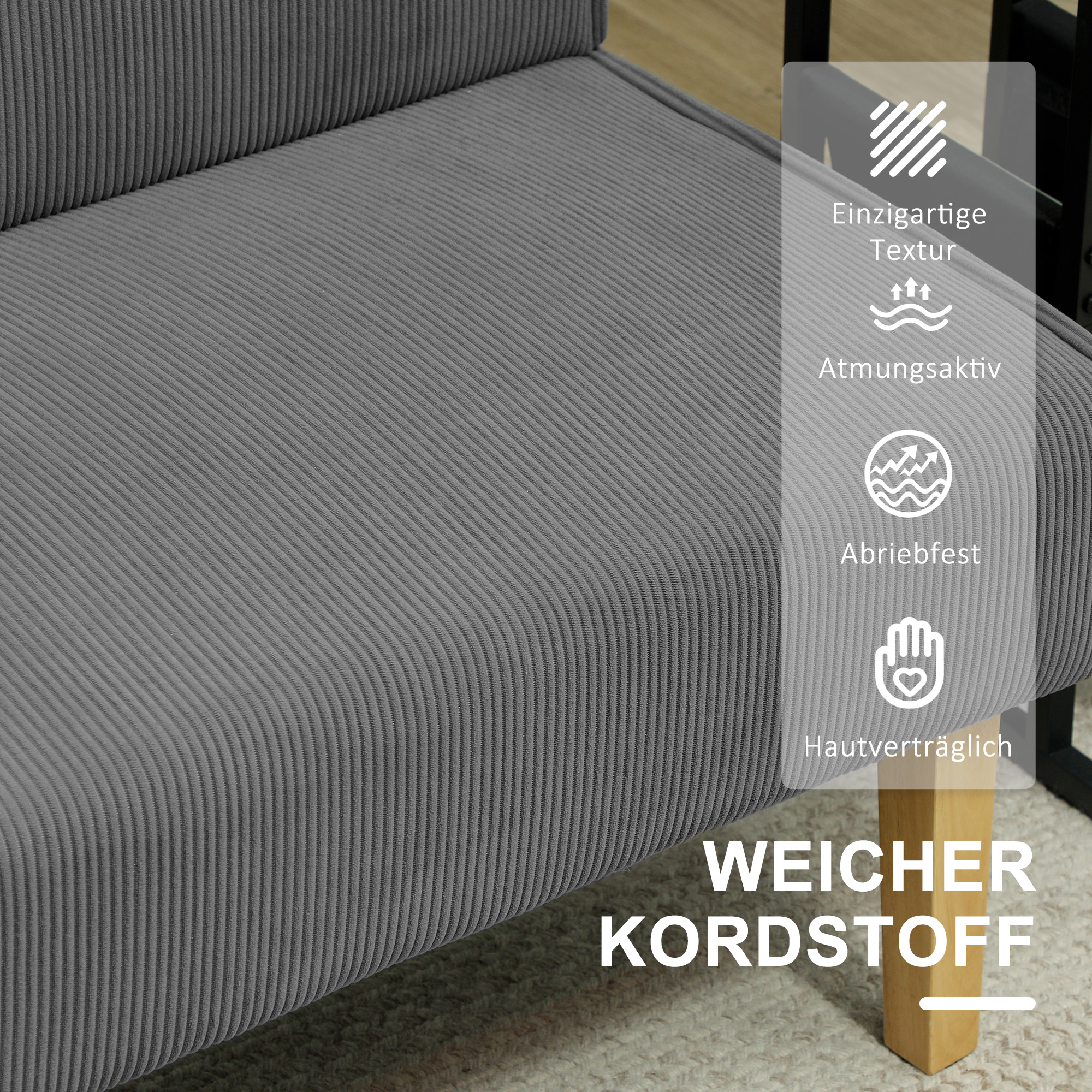 Nahaufnahme eines grauen Cordsofas mit Text über seine einzigartige Textur, atmungsaktive und hautfreundliche Eigenschaften.
