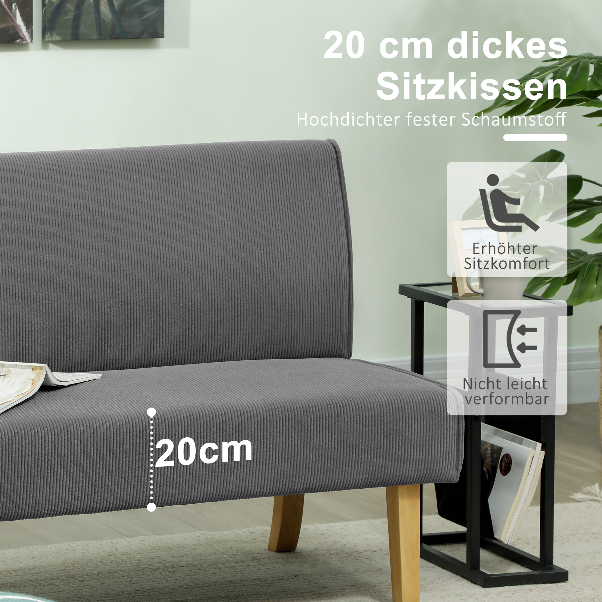 Graues Sofadetail mit 20 cm Höhe und Text.