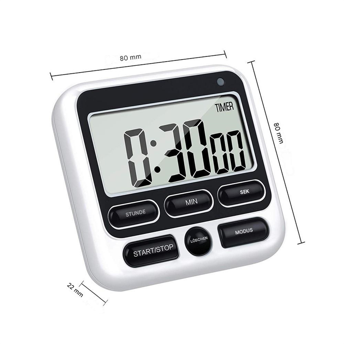Weißer digitaler Küchentimer, zeigt 0:30:00, mit Knöpfen.
