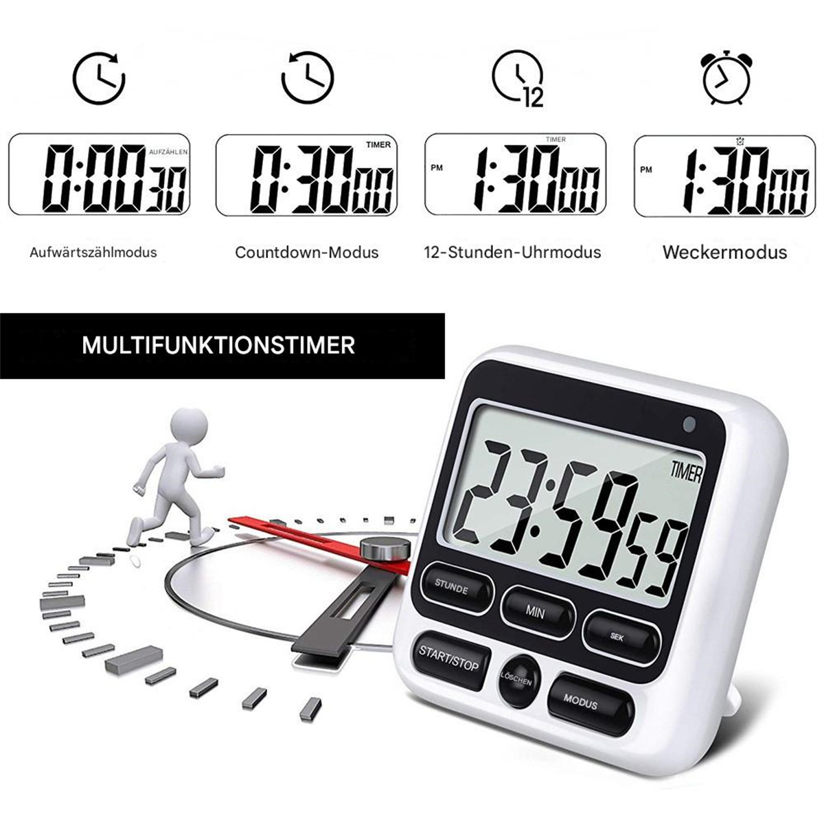Digitaler Timer, der verschiedene Modi und Zeit anzeigt.
