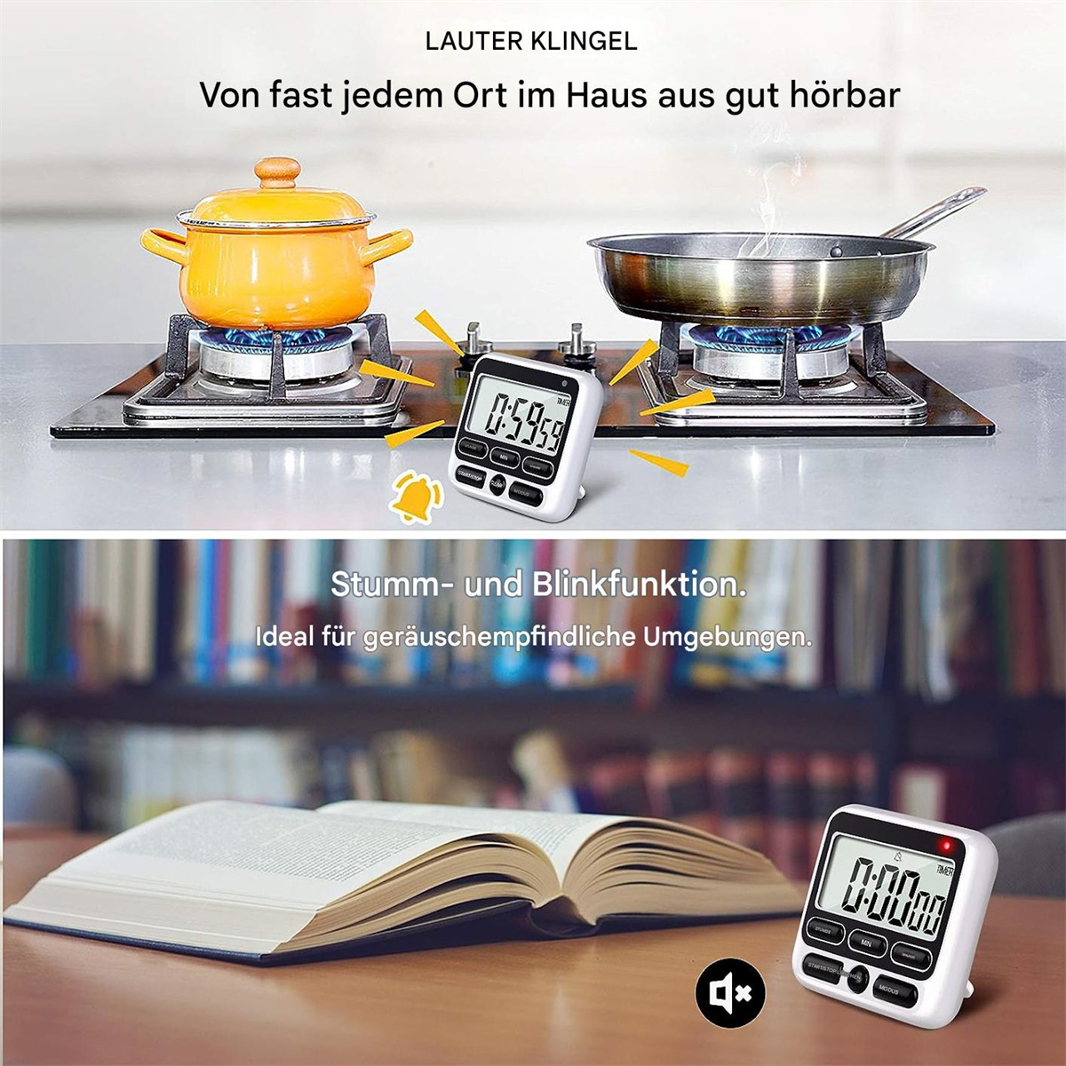 Ein Timer neben einem Kochtopf und einer Pfanne. Ein weiterer Timer befindet sich neben einem Buch.