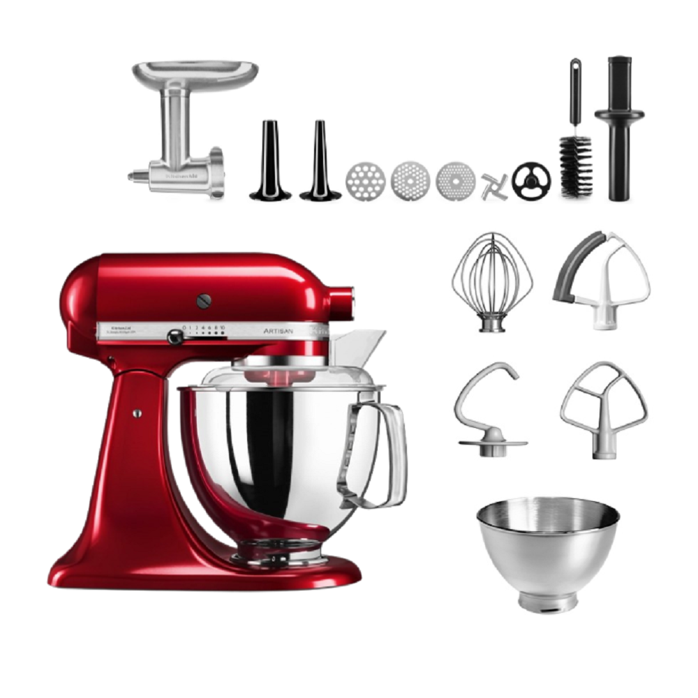 Ein roter KitchenAid-Küchenmixer mit Zubehör.