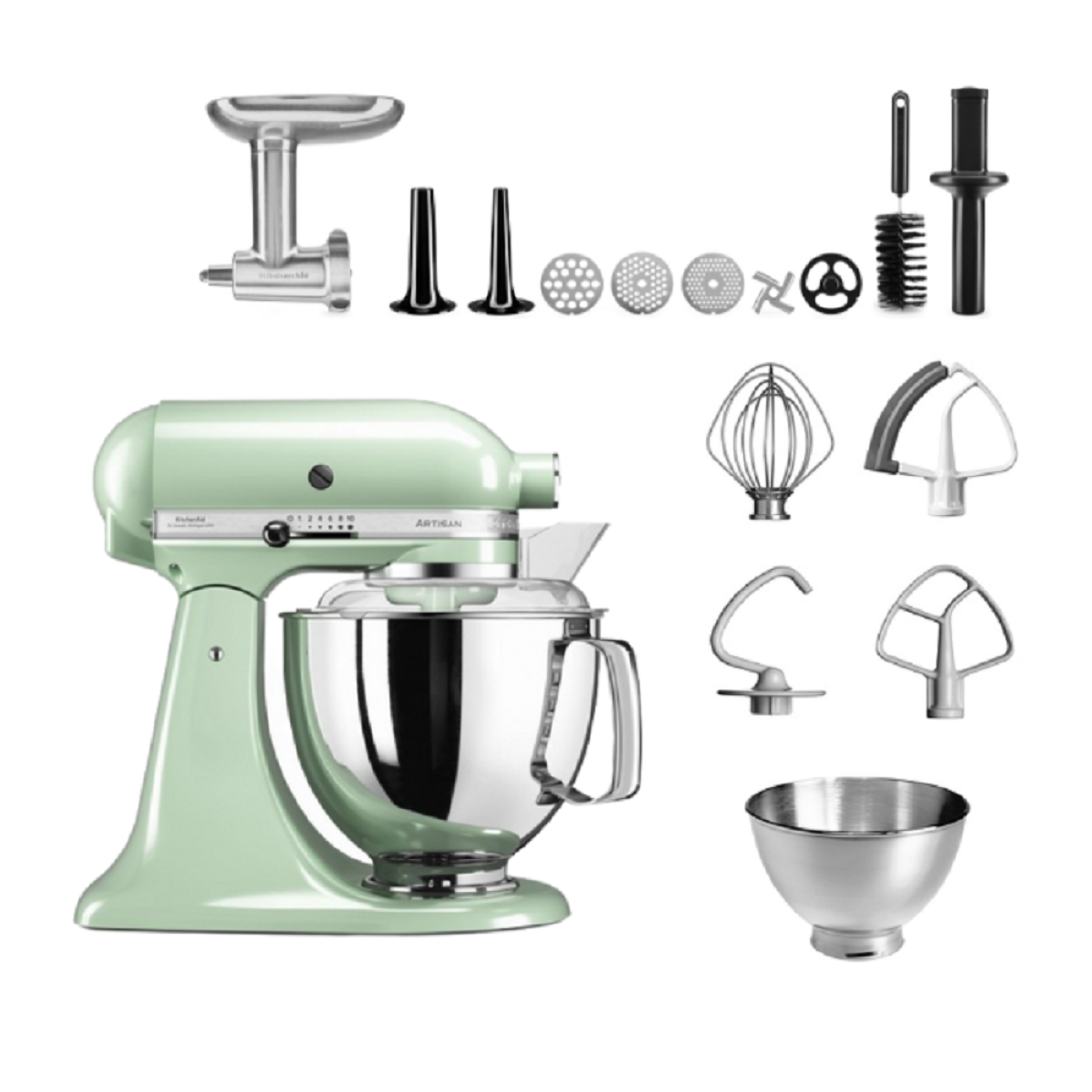 Ein mintgrüner KitchenAid-Küchenmixer mit Zubehör.