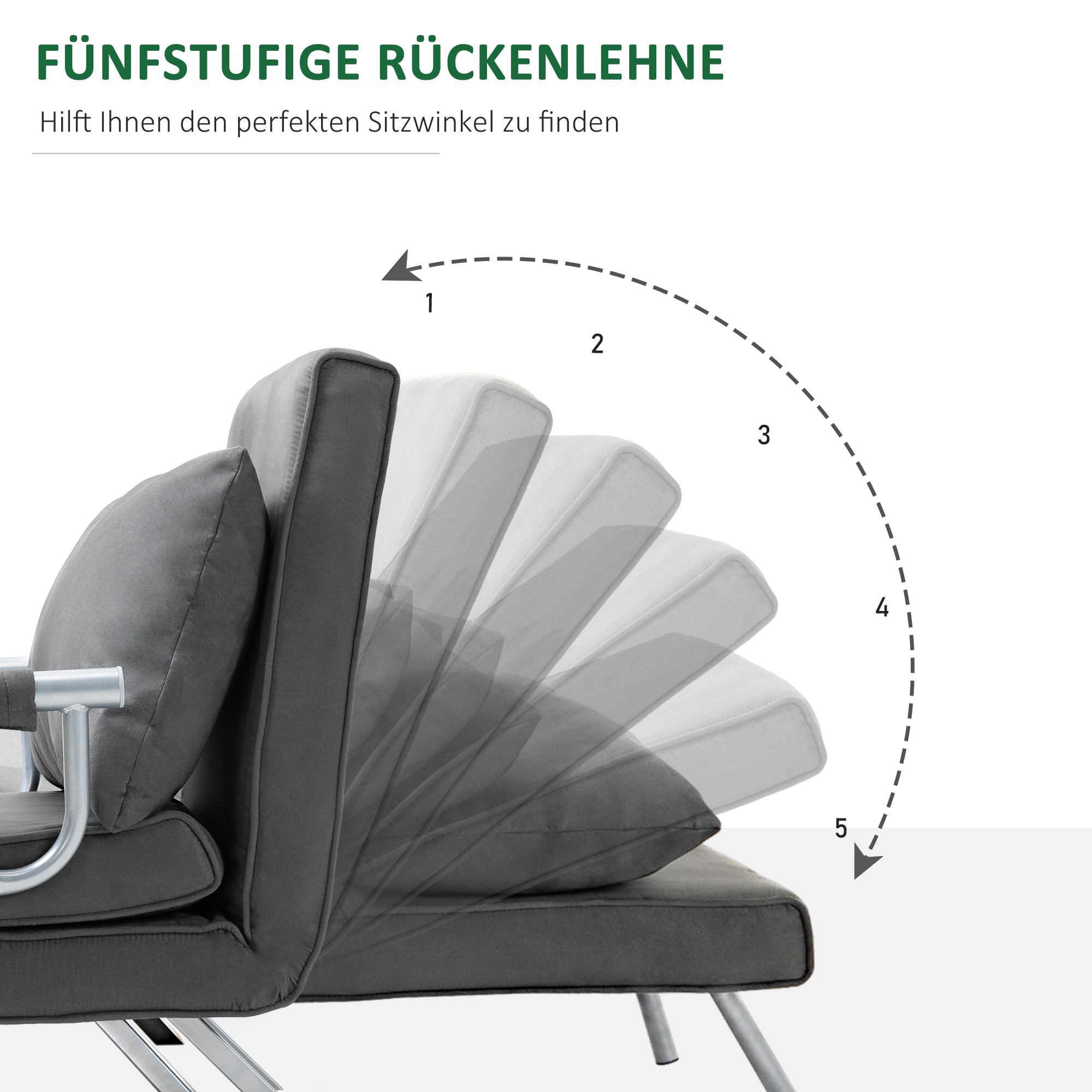 Graues Schlafsofa mit fünf verstellbaren Rückenlehnenpositionen.