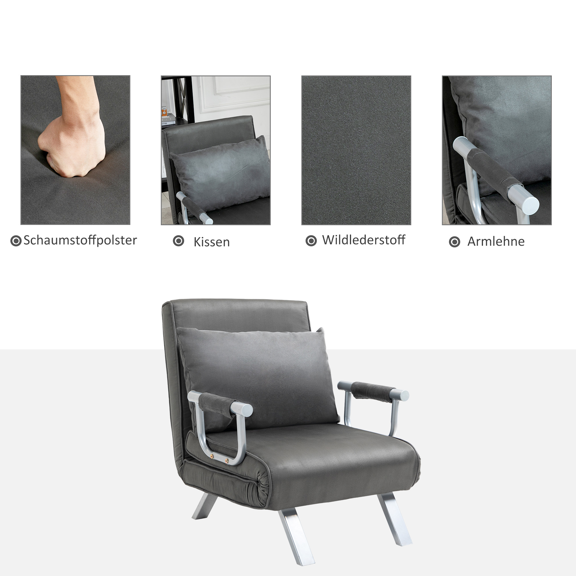 Graues Schlafsofa mit Details zu Schaumstoff, Kissen, Leder und Armlehne.