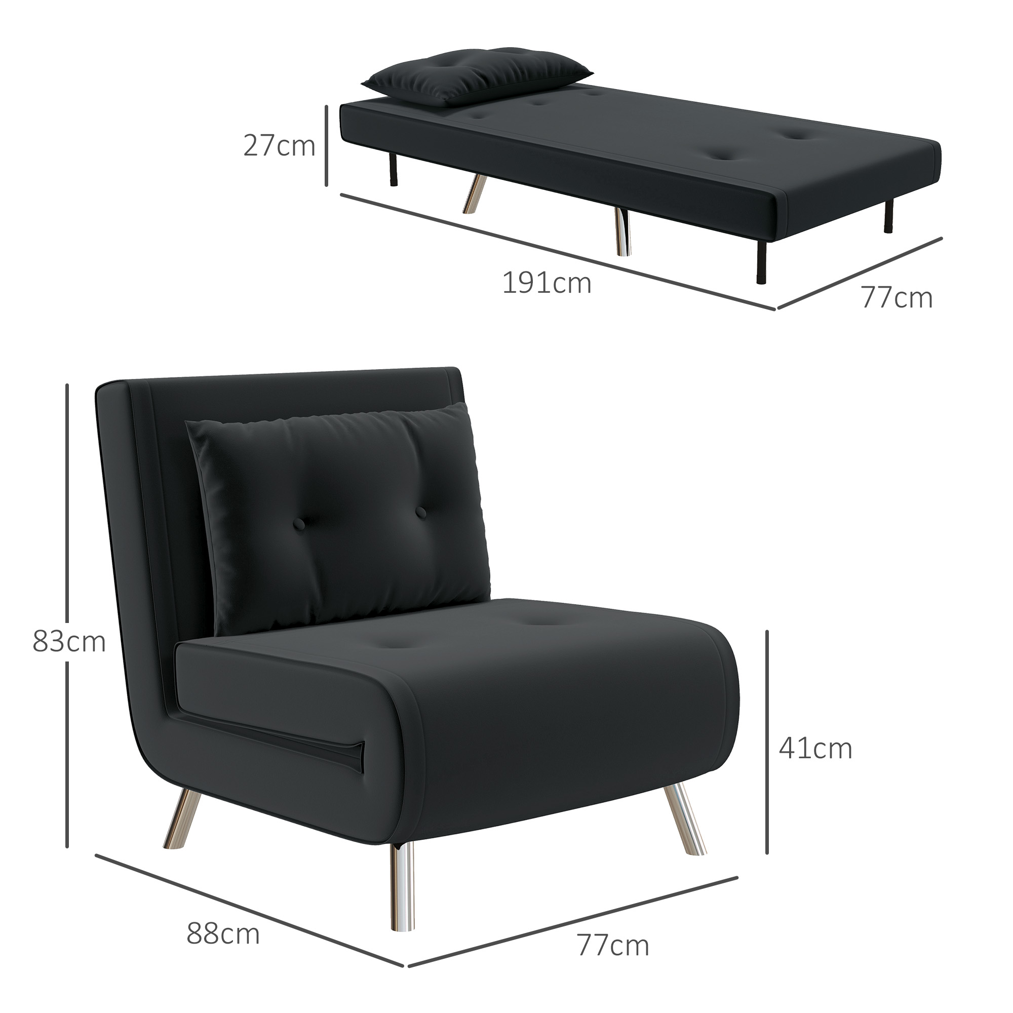Schwarzes Schlafsofa, Abmessungen gezeigt.