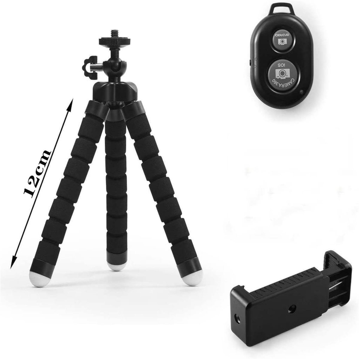Ein schwarzes Stativ und eine Fernbedienung mit Telefonhalter. Das Stativ ist 12cm hoch.