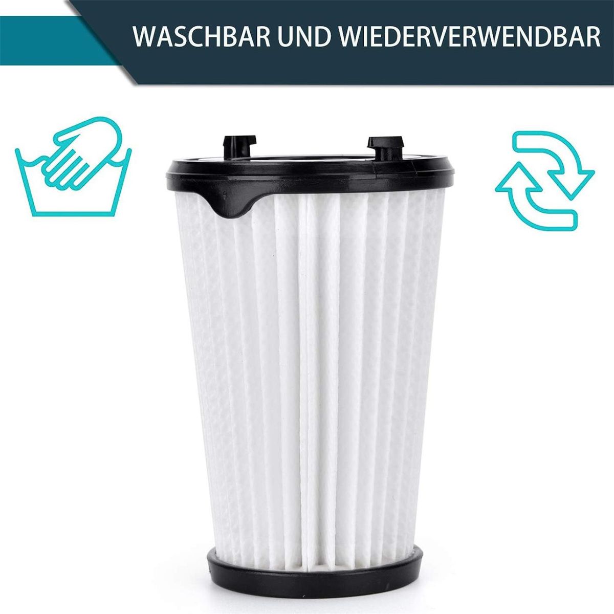Ein weißer Filter für einen Staubsauger mit schwarzem Ober- und Unterteil. Es gibt Symbole.
