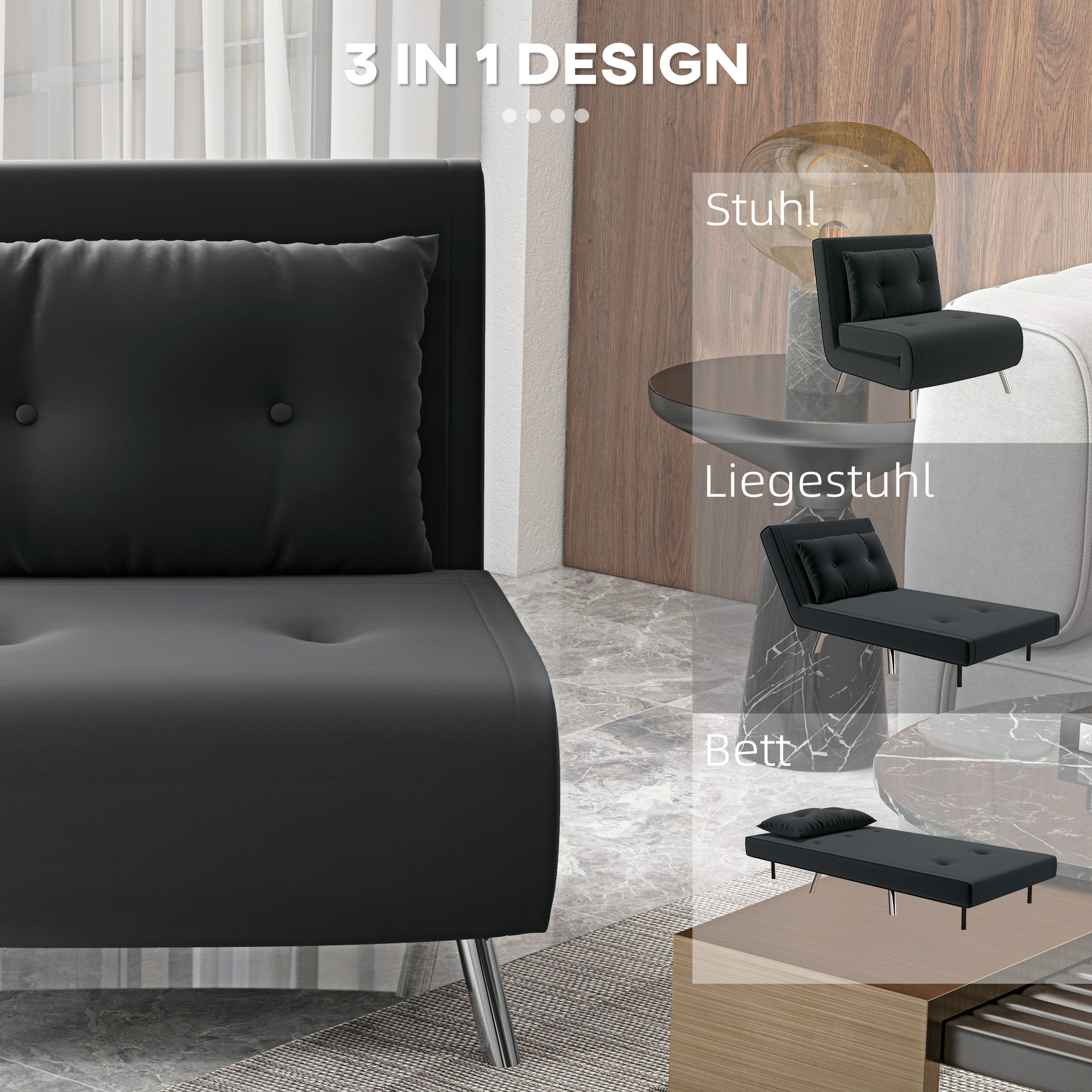 Schwarzes Schlafsofa, kann als Stuhl, Liege oder Bett verwendet werden.