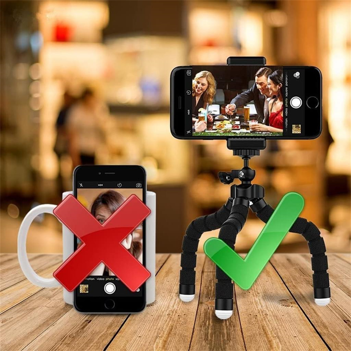 Smartphone auf einem Stativ, mit einem guten und einem schlechten Beispiel.