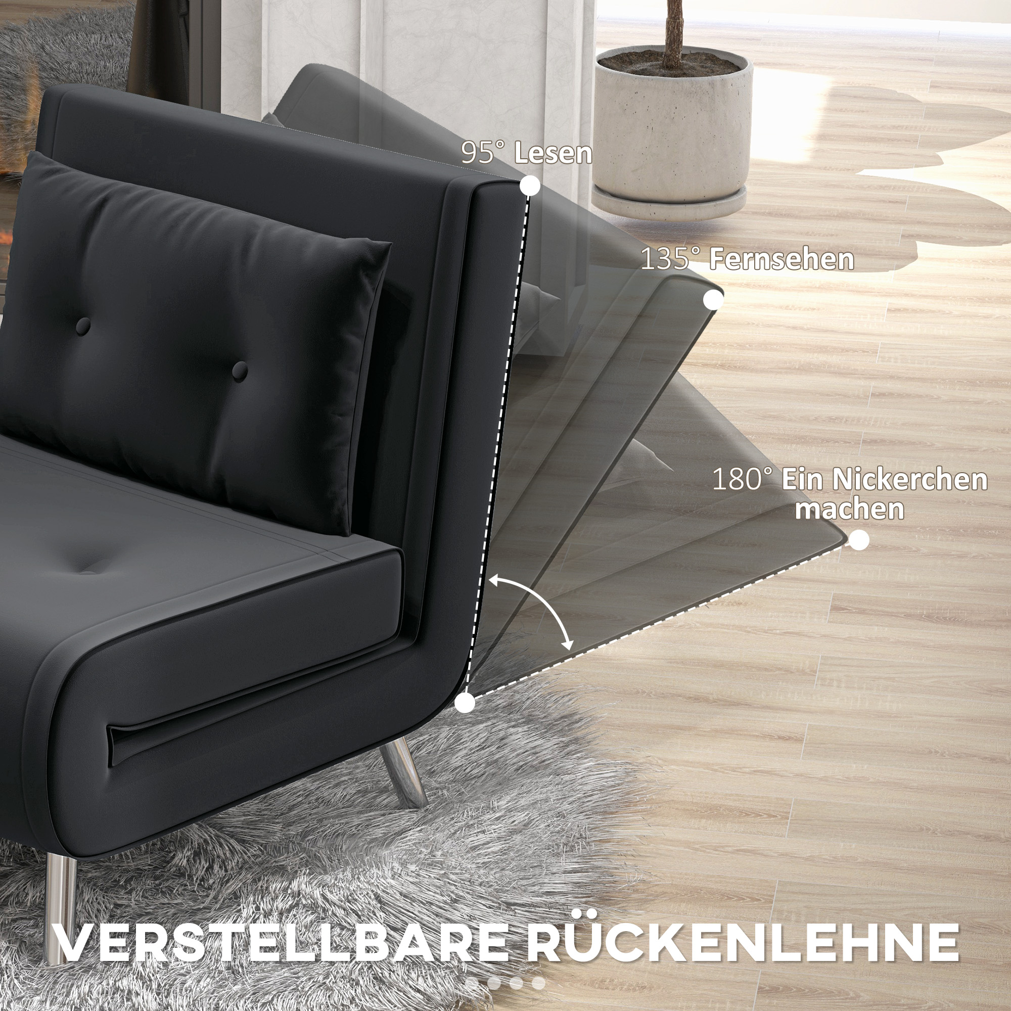Verstellbares schwarzes Sofa, das Winkel zum Lesen, Fernsehen und Nickerchen zeigt.