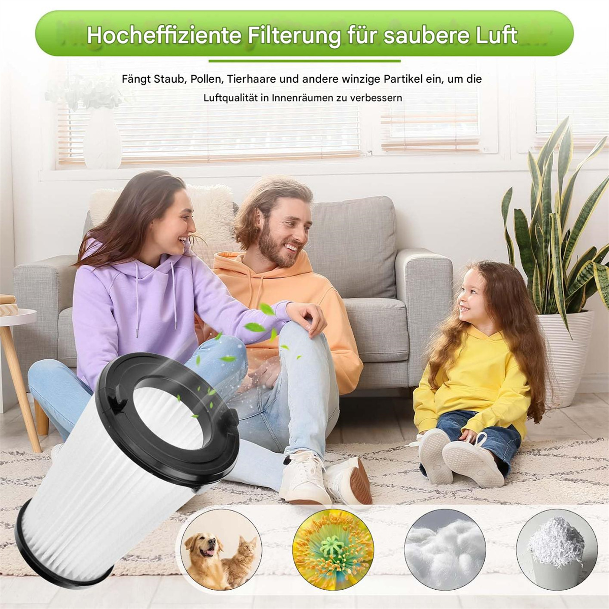 Eine Familie sitzt auf einem Teppich mit einem Vakuumfilter. Sie sind glücklich.