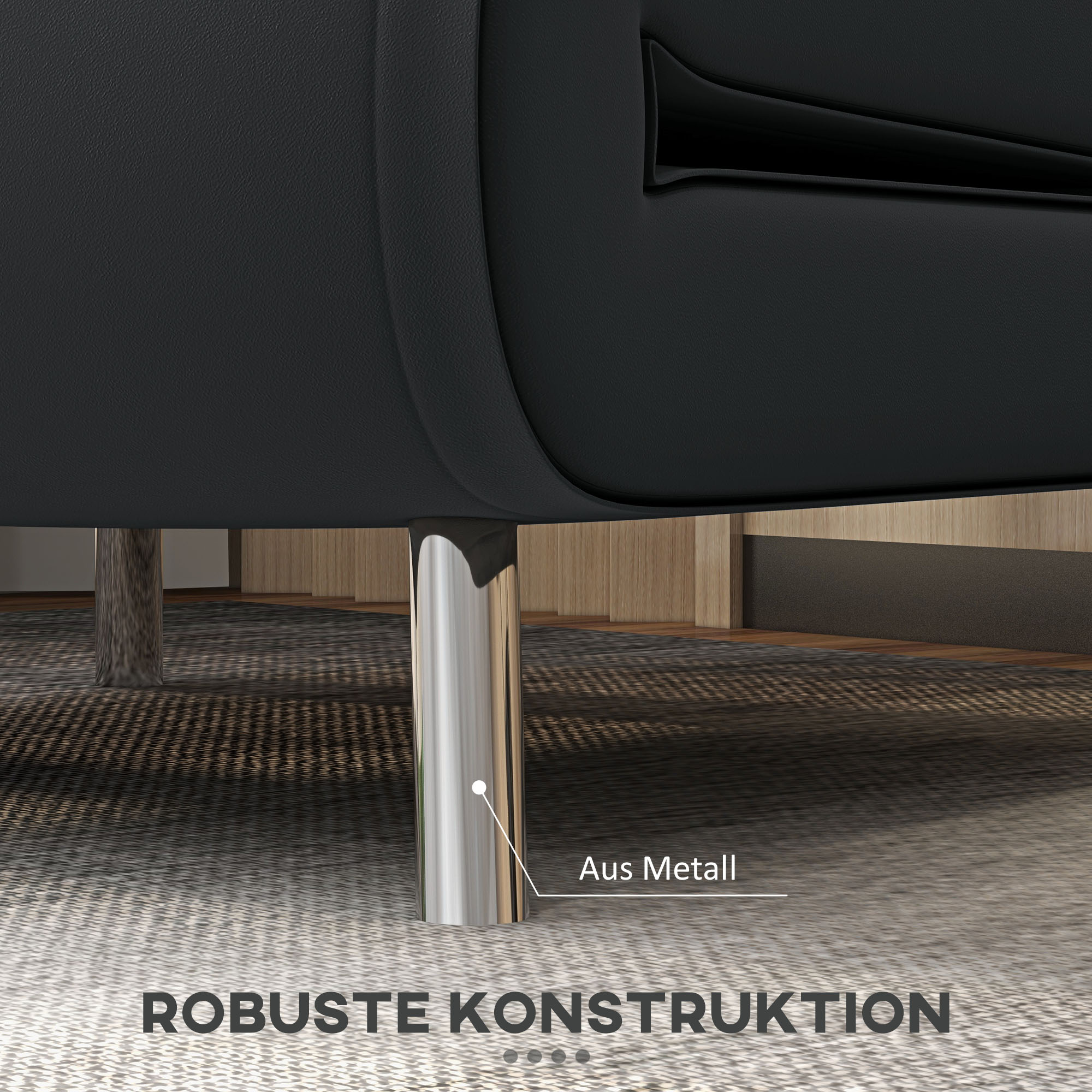 Ein schwarzes Sofa auf Metallbeinen. Der Text 'ROBUSTE KONSTRUKTION' steht darunter, mit 'Aus Metall' auf ein Bein.