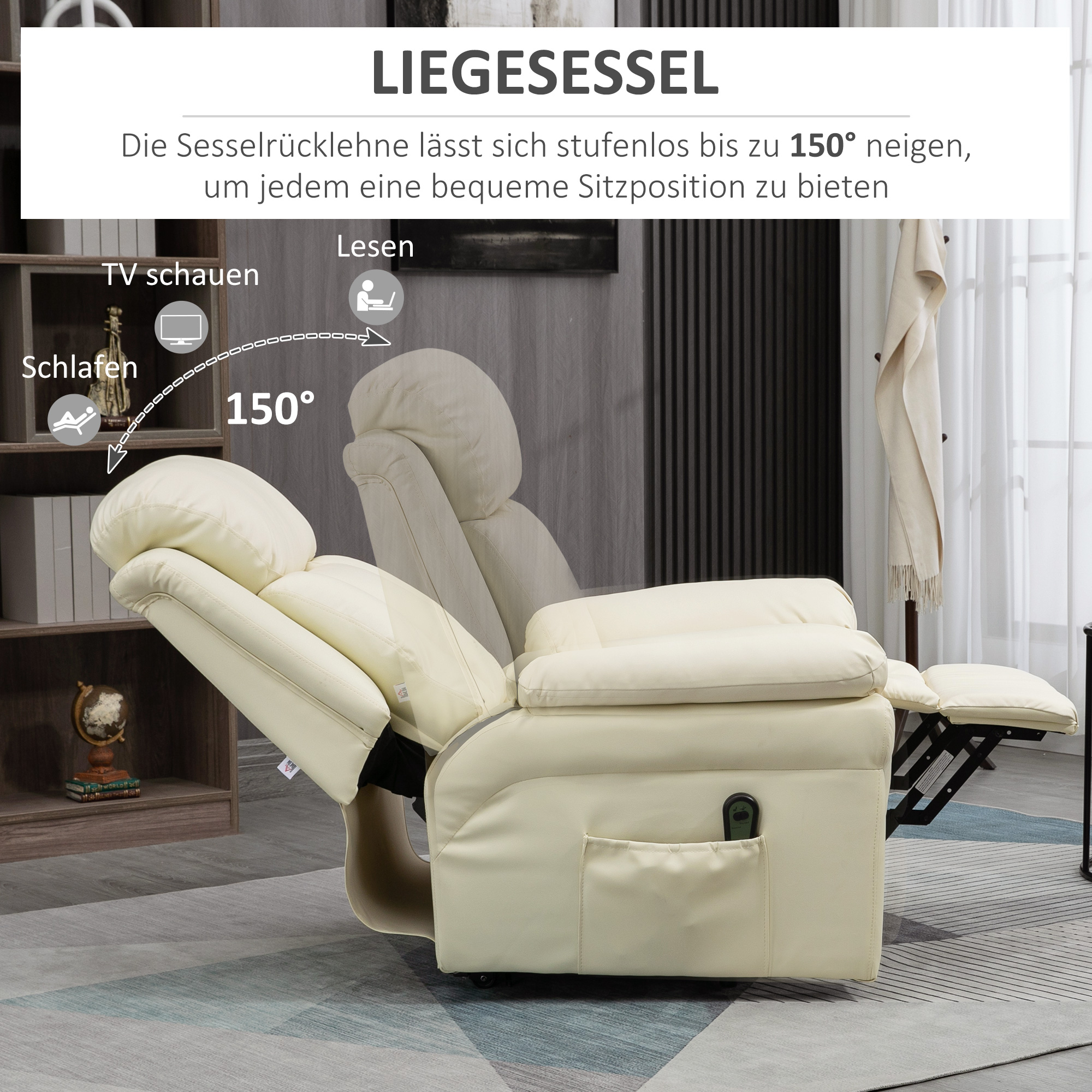 Ein weißer Relaxsessel beim Zurücklehnen, zeigt verschiedene Positionen zum Lesen und Fernsehen.