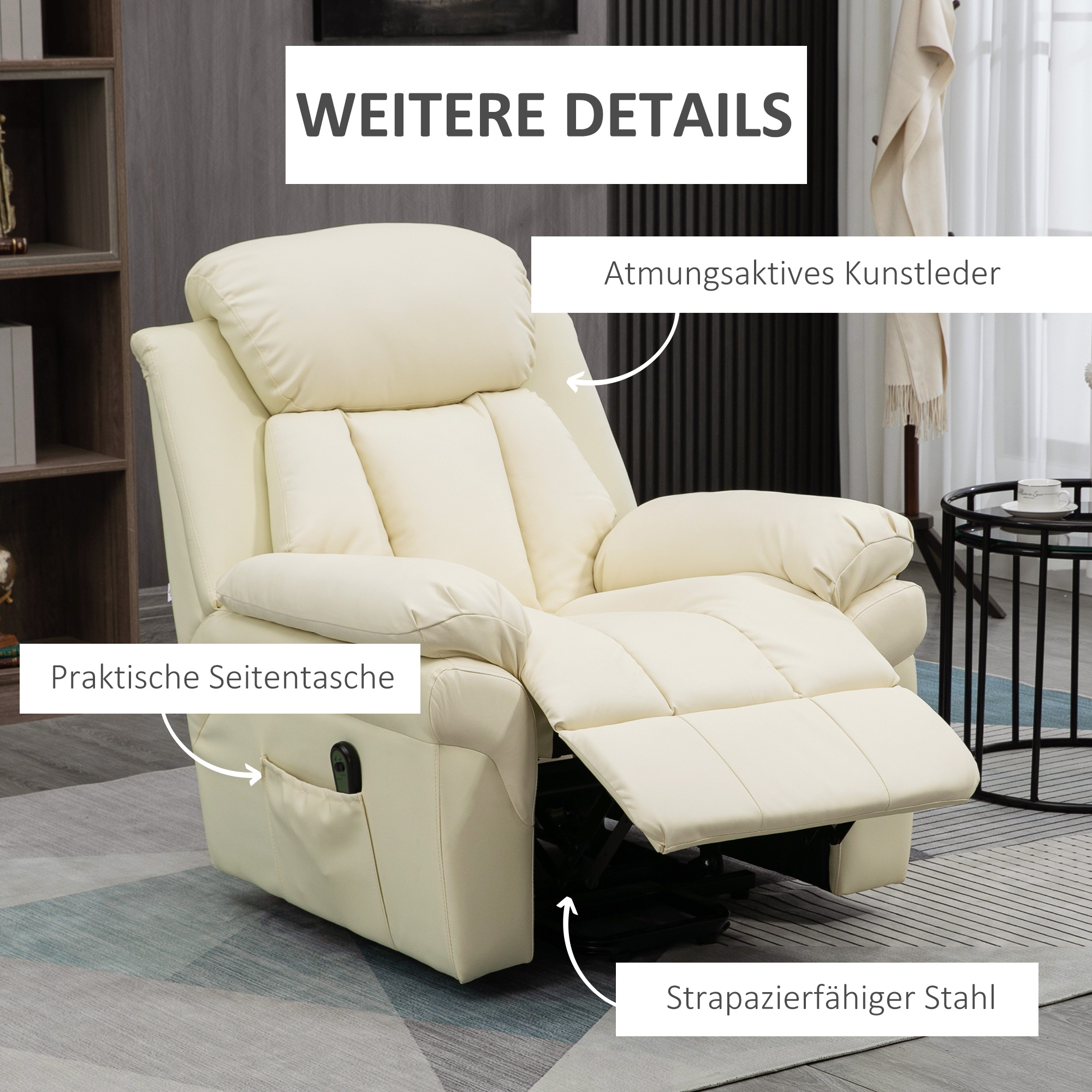 Cremefarbener Liegestuhl mit Seitentasche und deutschen Textbeschriftungen.