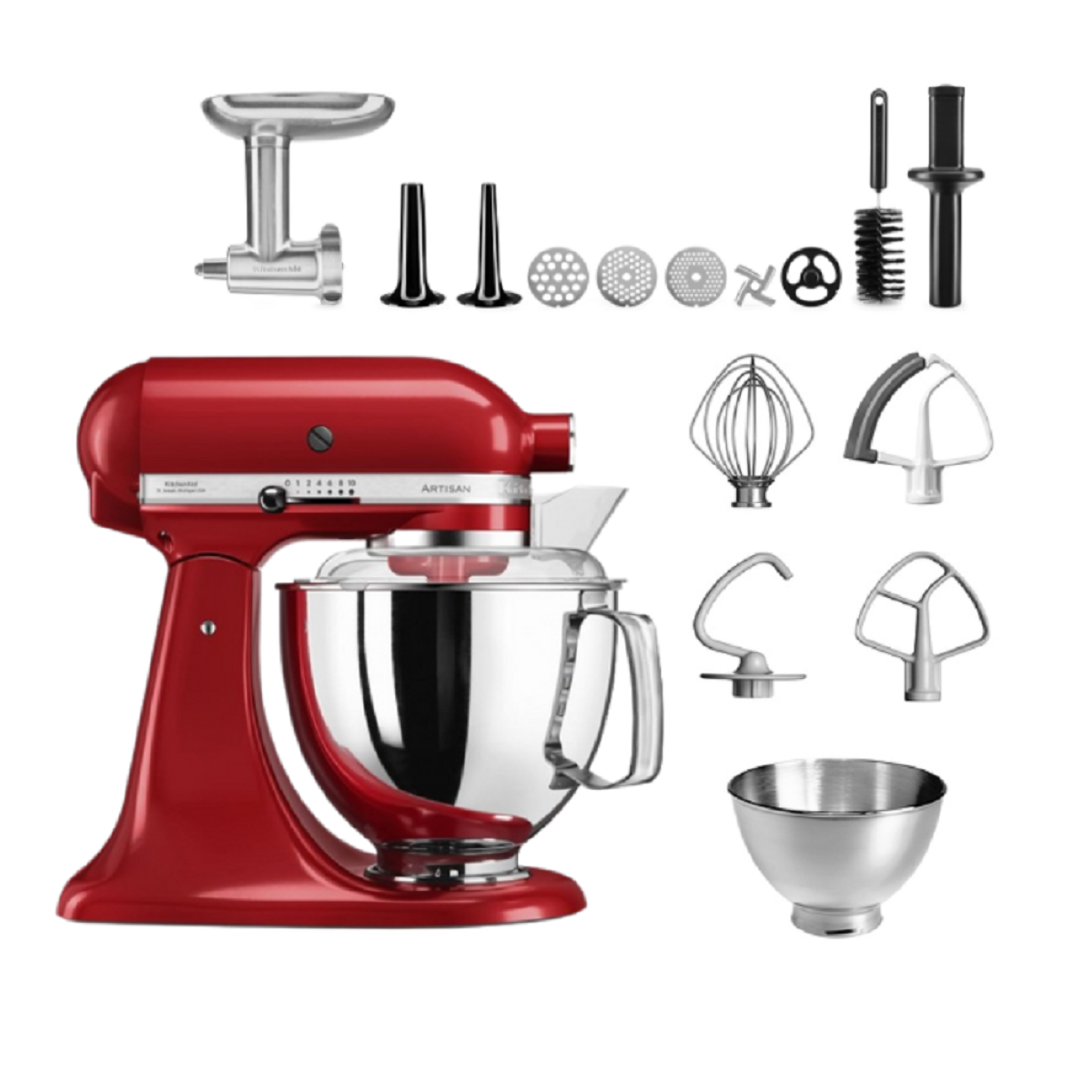 Roter KitchenAid-Küchenmixer und Zubehör. Enthält Rührschüssel, Aufsätze für verschiedene Verwendungen.